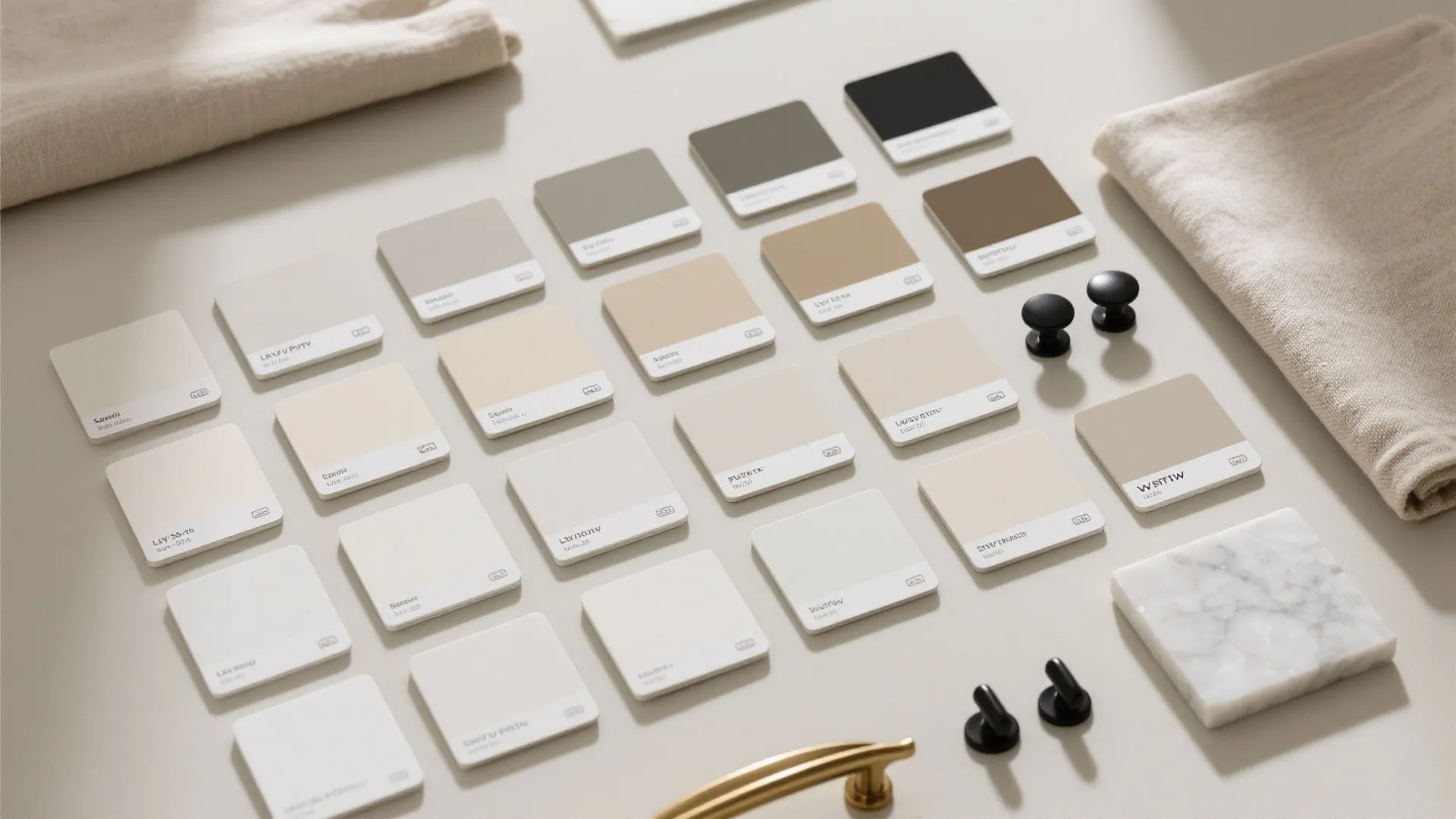 Top-down flatlay of putty paint swatches, white trim, finish chips, linen fabric, quartz sample, and black and brass hardware.