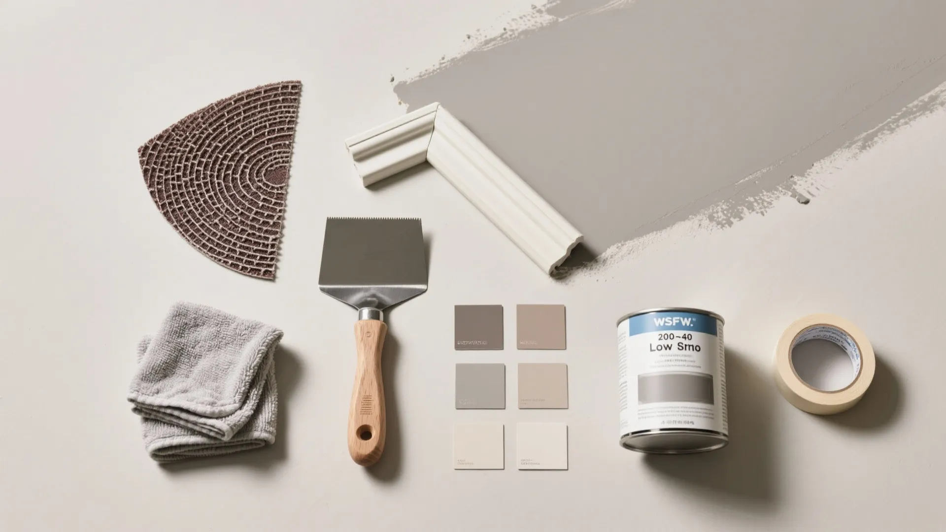Renovation tools flatlay with paint can color swatches putty knife tape and white wall panel