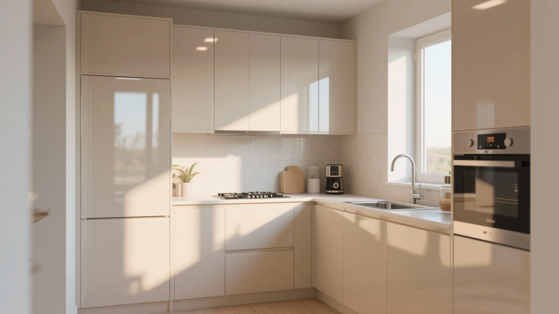 Compact kitchen with high-gloss putty cabinets reflecting light to make the space feel larger.