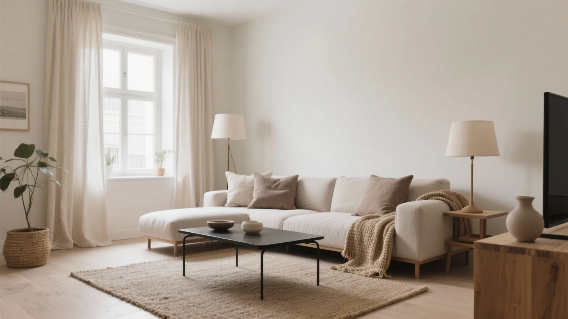 Bright minimalist living room featuring white sofa black coffee table rug floor lamp and windows