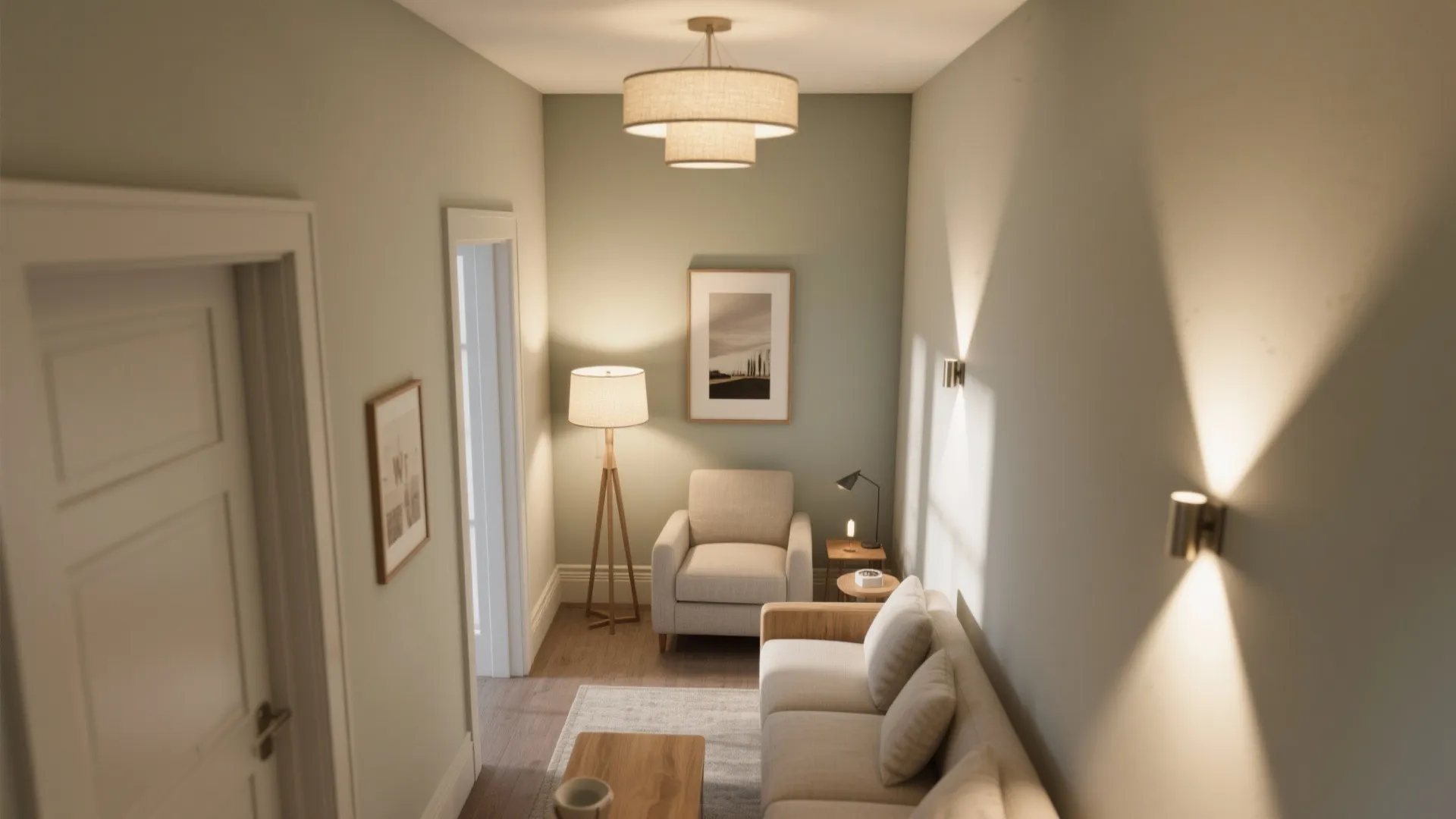 Modern narrow living space with cream sofa armchair ceiling light floor lamp and wall light