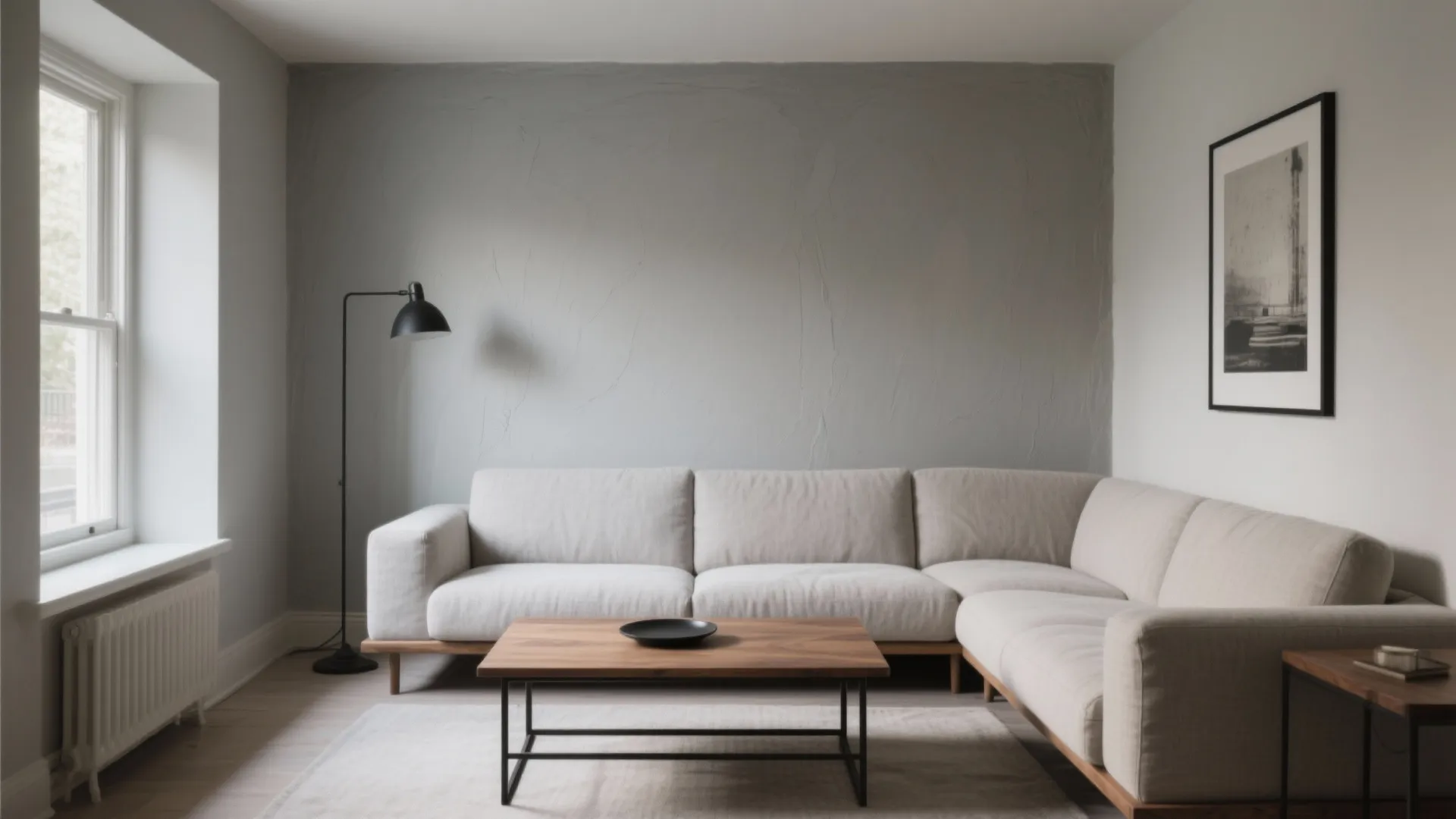 Minimalist living room featuring grey textured wall white corner sofa wooden coffee table and lamp