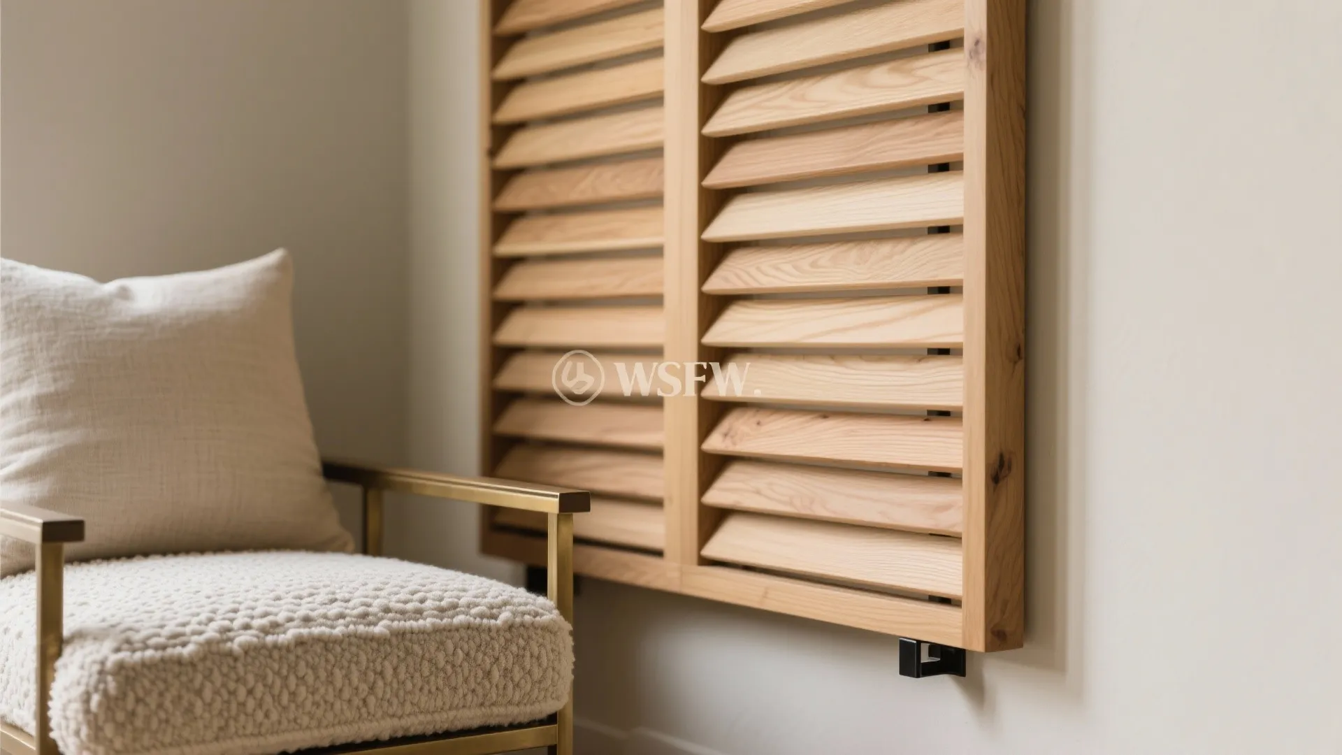 Close up view of light wood window shutters next to textured chair and soft pillow