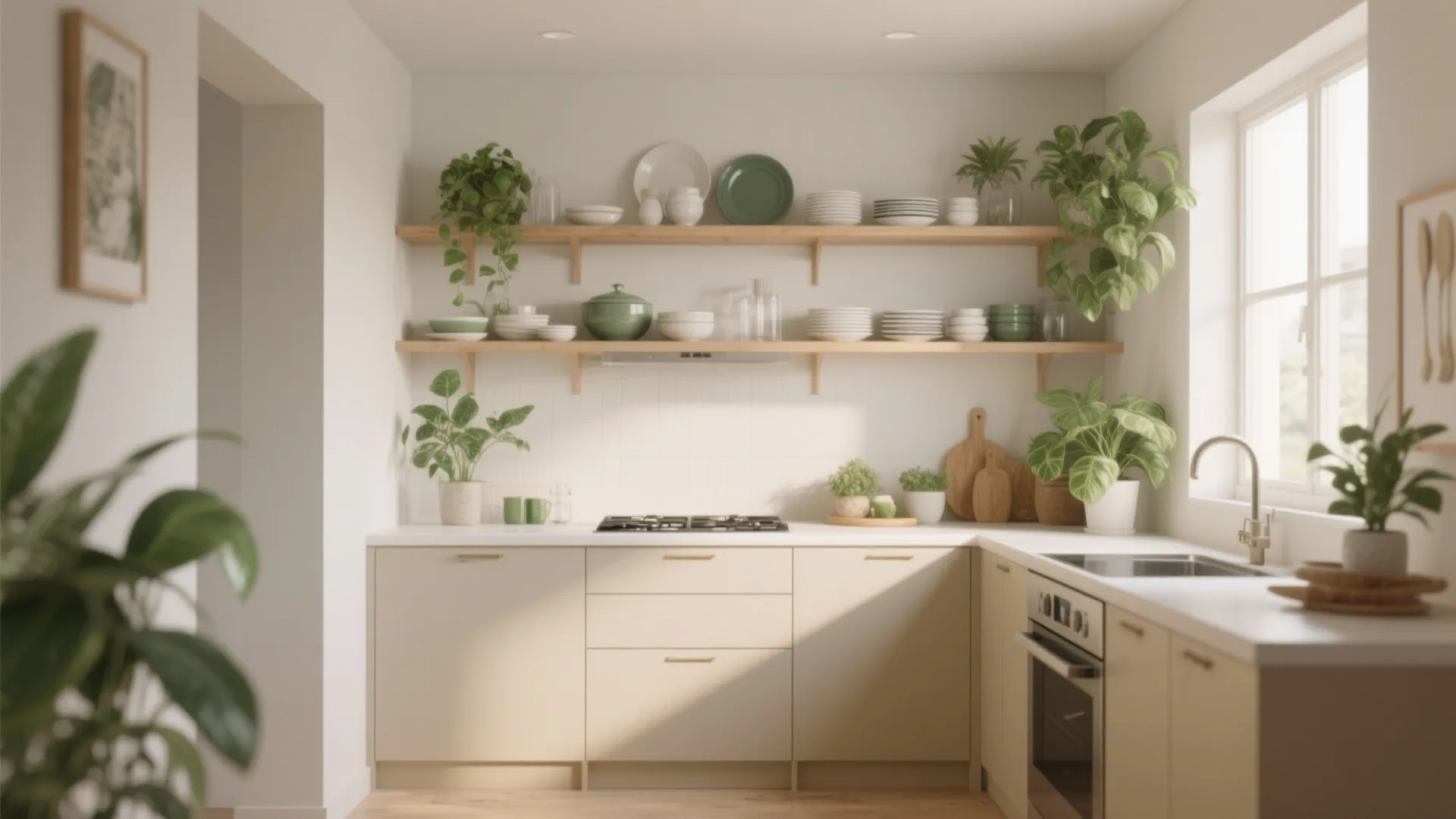 2. Putty Cabinets and Open Shelving