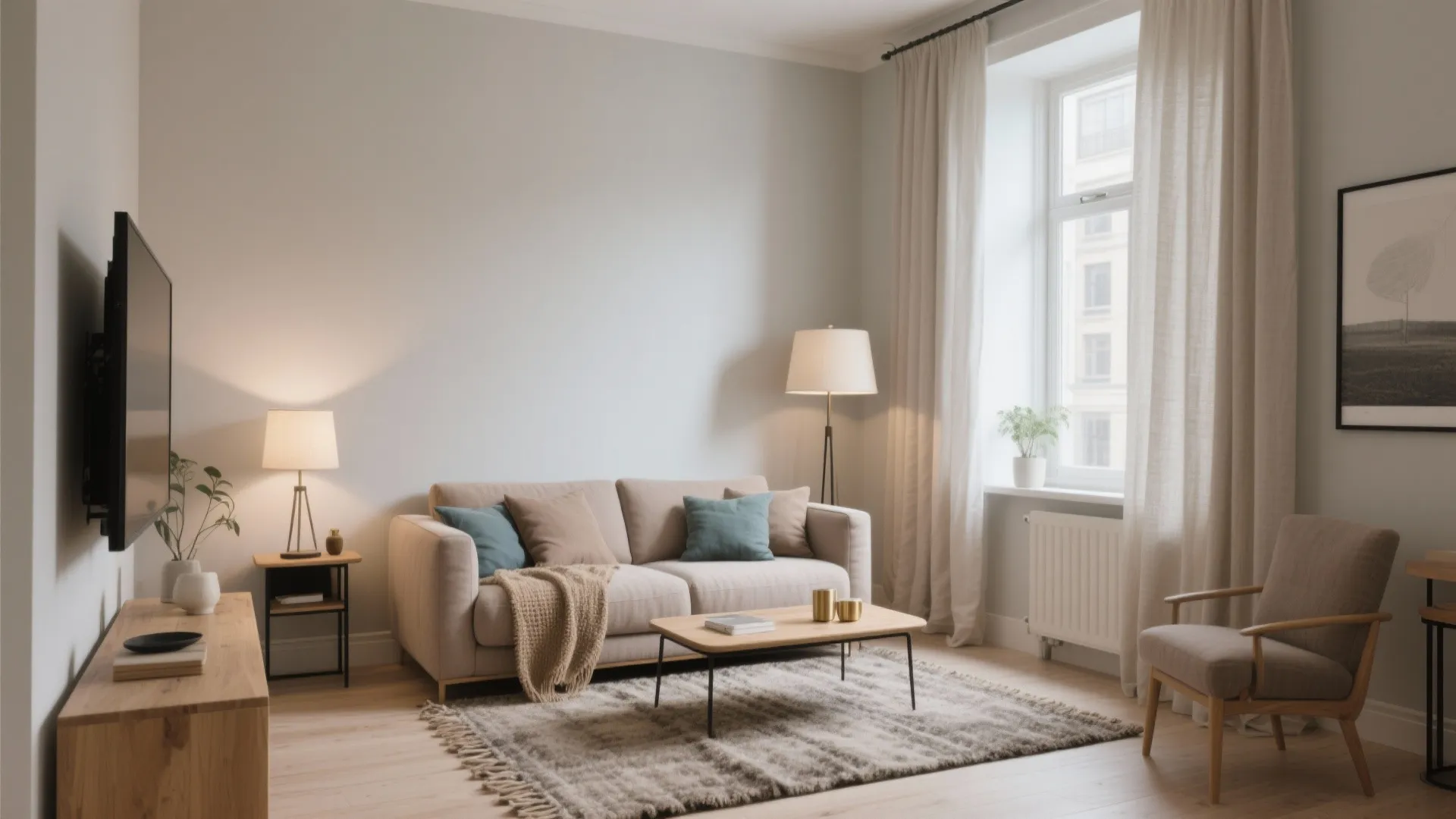 Modern living room with beige sofa wooden coffee table floor lamp and a large window