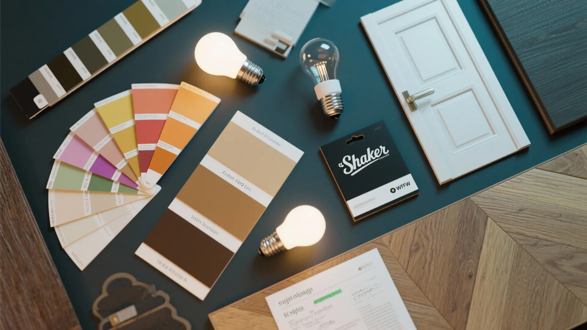 Top-down flatlay of putty paint swatches, bulb samples and door style samples for testing undertones.