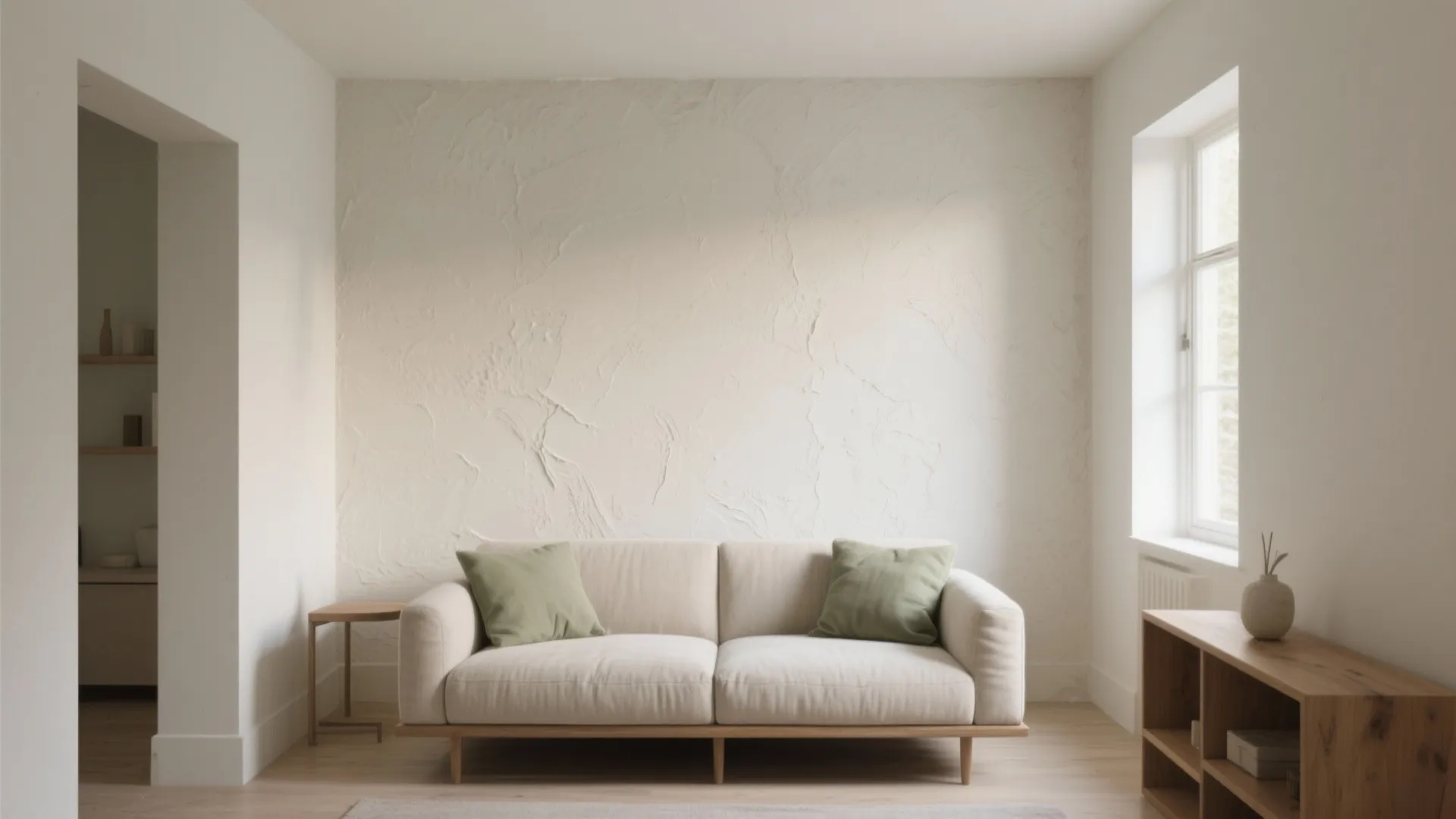 Minimalist living room with cream sofa green pillows textured wall wooden side table and windows