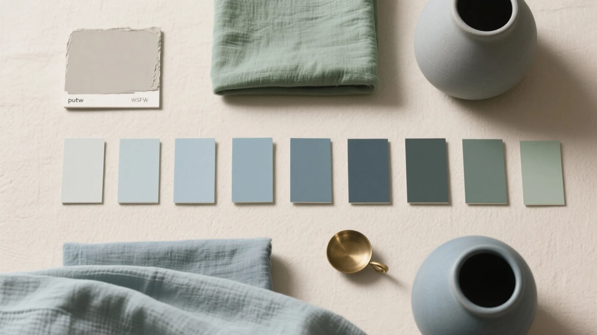 Paint color swatches in blue and green shades with fabric samples and two round vases