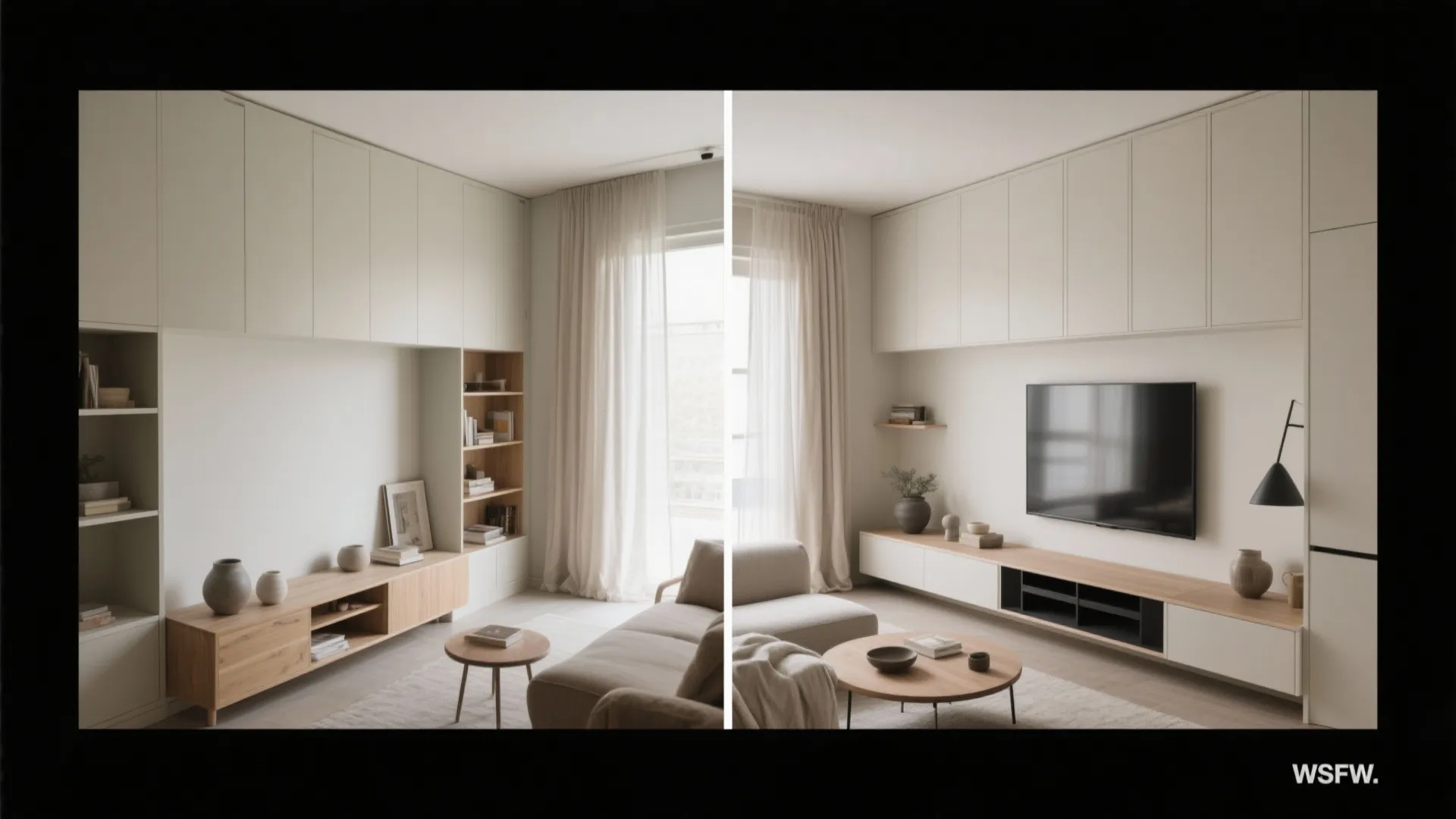 Modern living room wall comparison showing custom white cabinets and a large black television set