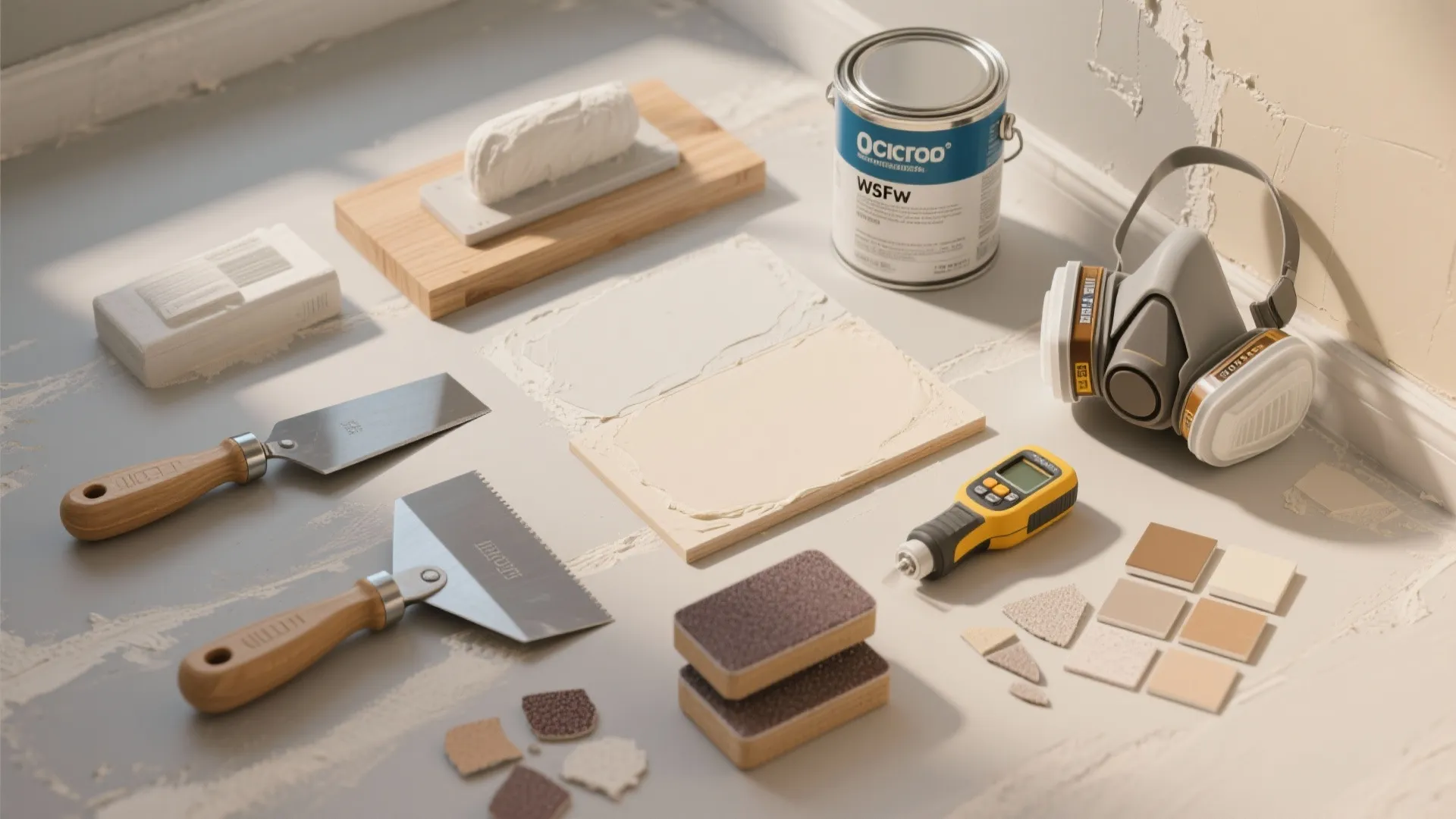 Collection of wall repair tools including putty paint can mask and scrapers on the floor