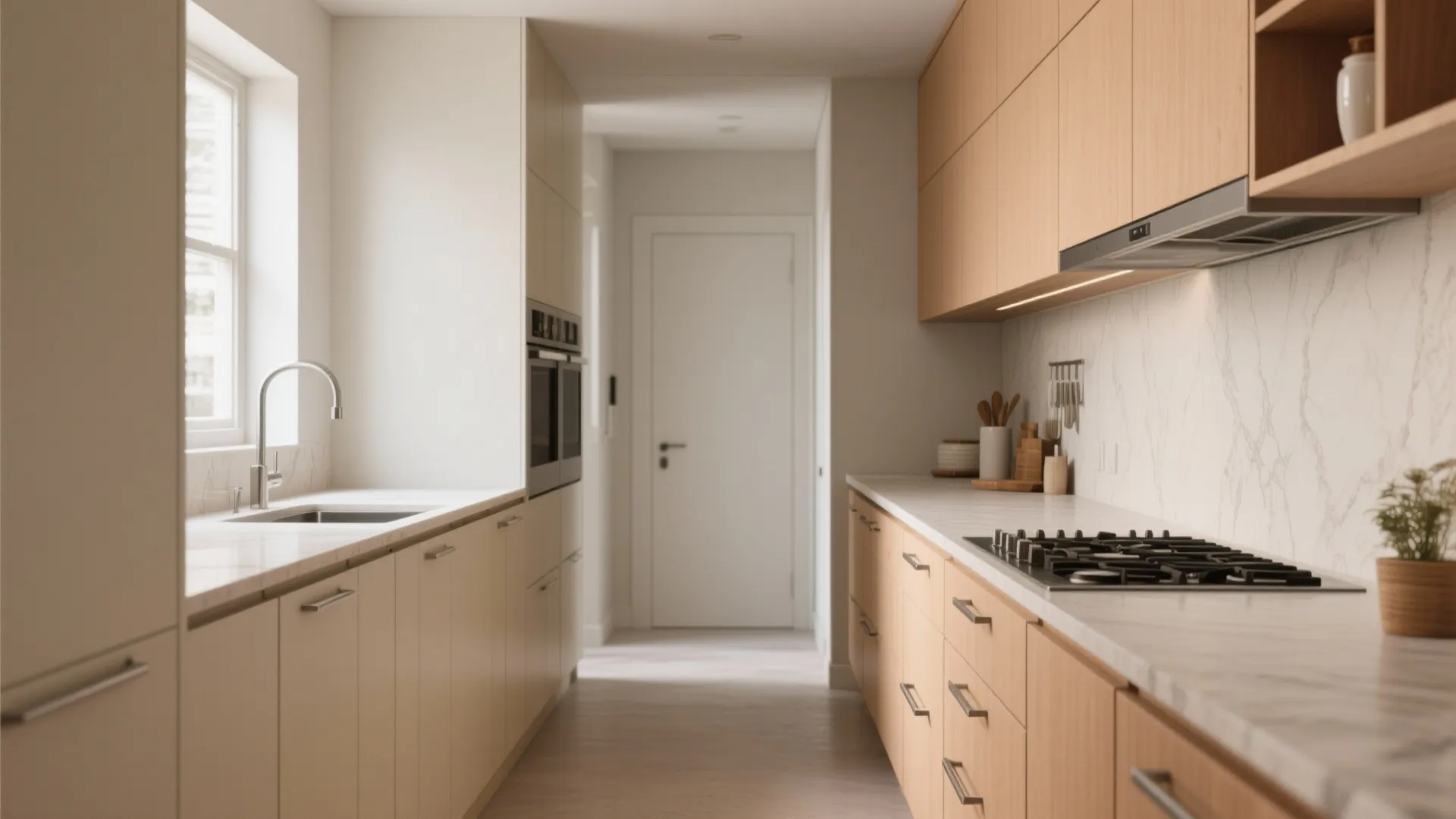 Galley kitchen with putty lower cabinets and lighter upper cabinets creating depth and visual width.