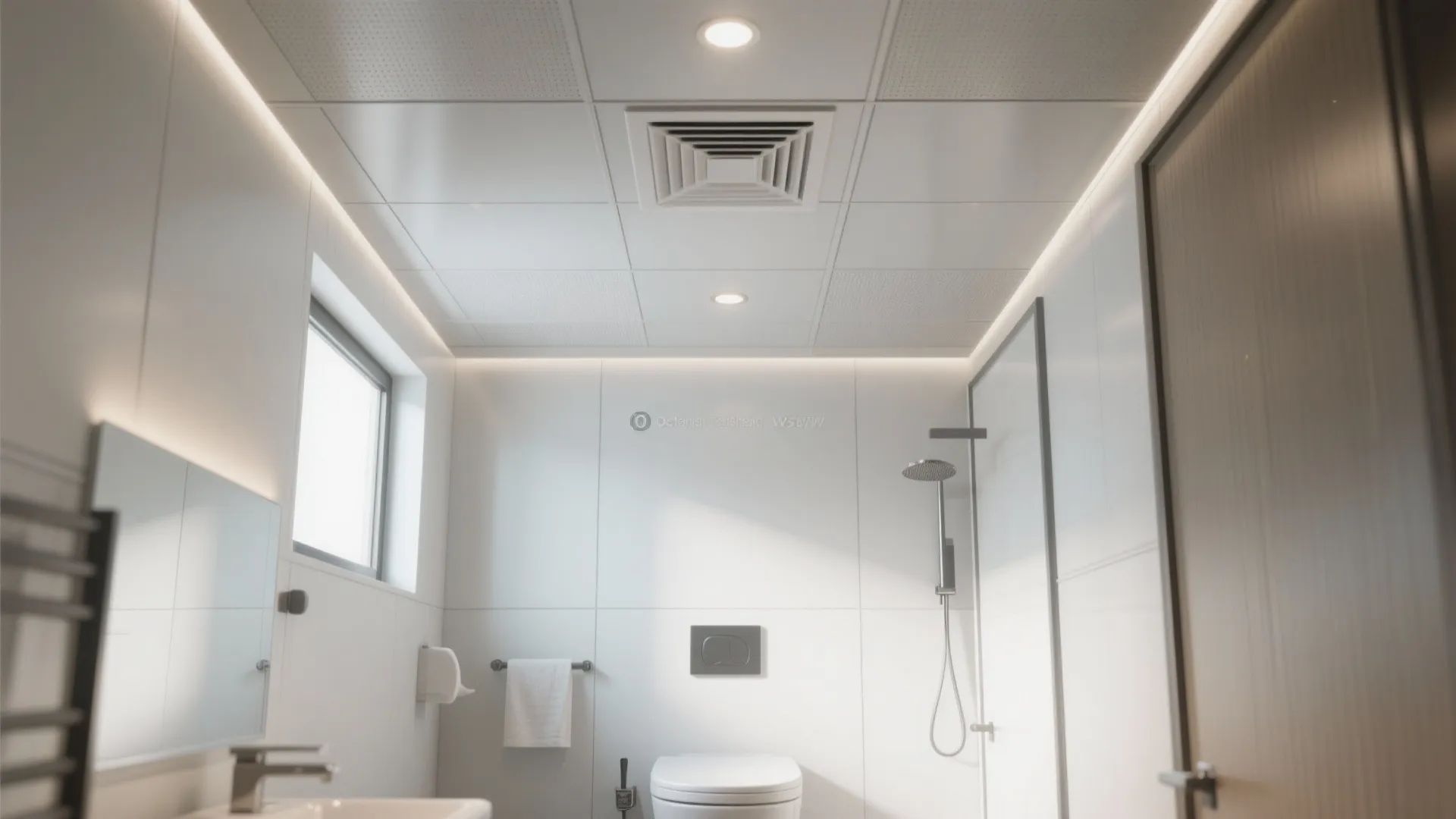 Modern white bathroom interior design drawing with ceiling light, toilet, sink, mirror, and glass shower
