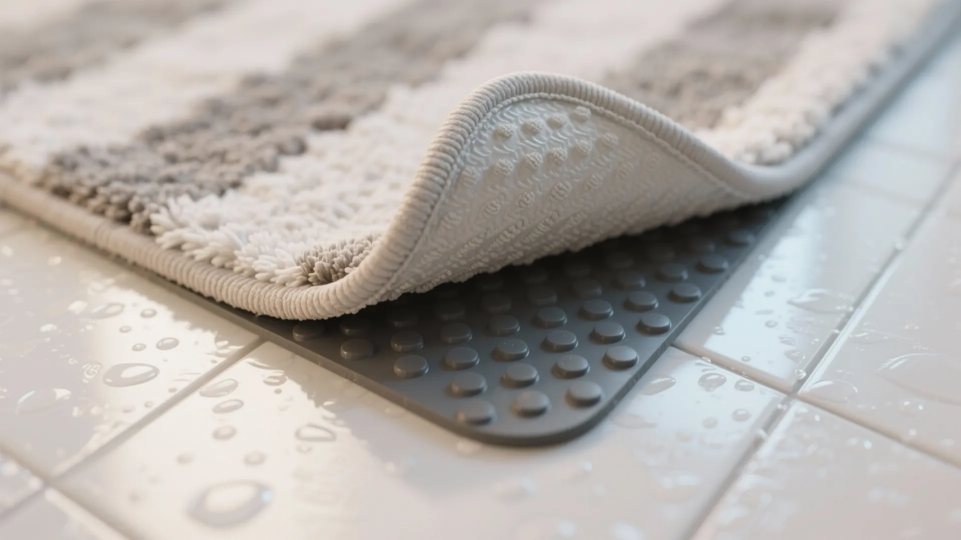 Grey non slip rug pad with dotted texture under striped carpet on wet white floor tiles