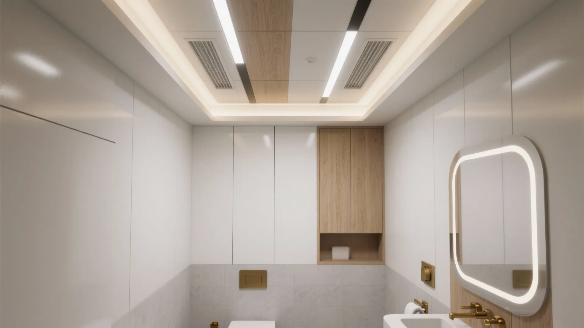 Modern white bathroom with wooden cabinet back-lit mirror marble tiles and integrated ceiling light fixture