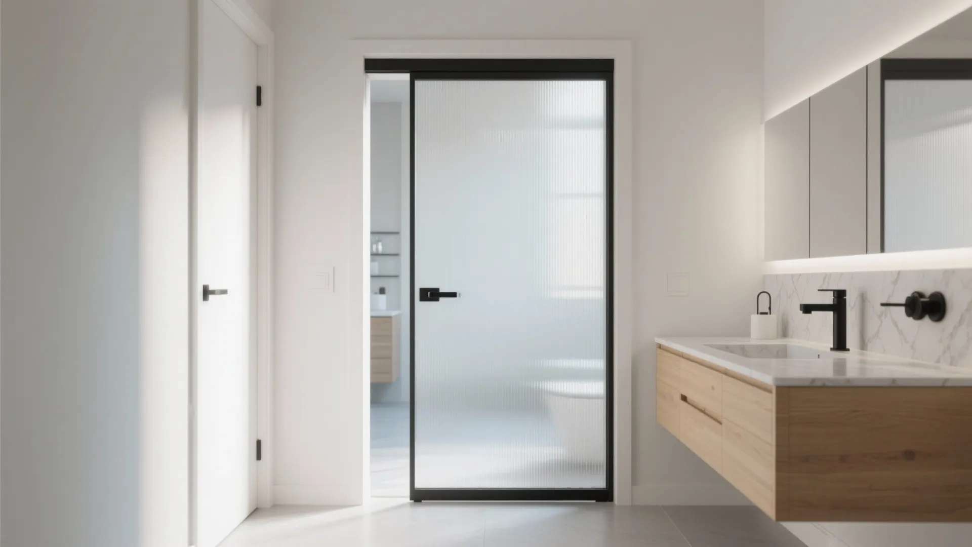 Modern bathroom with a black framed glass door next to a wooden cabinet with sink