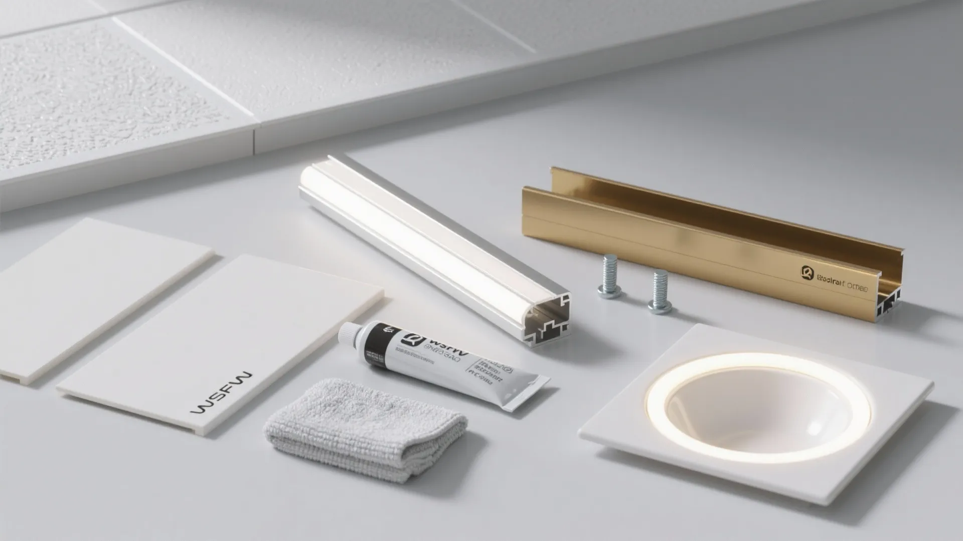Flatlay of bathroom installation materials including metal tracks screws small towel and white wall panels