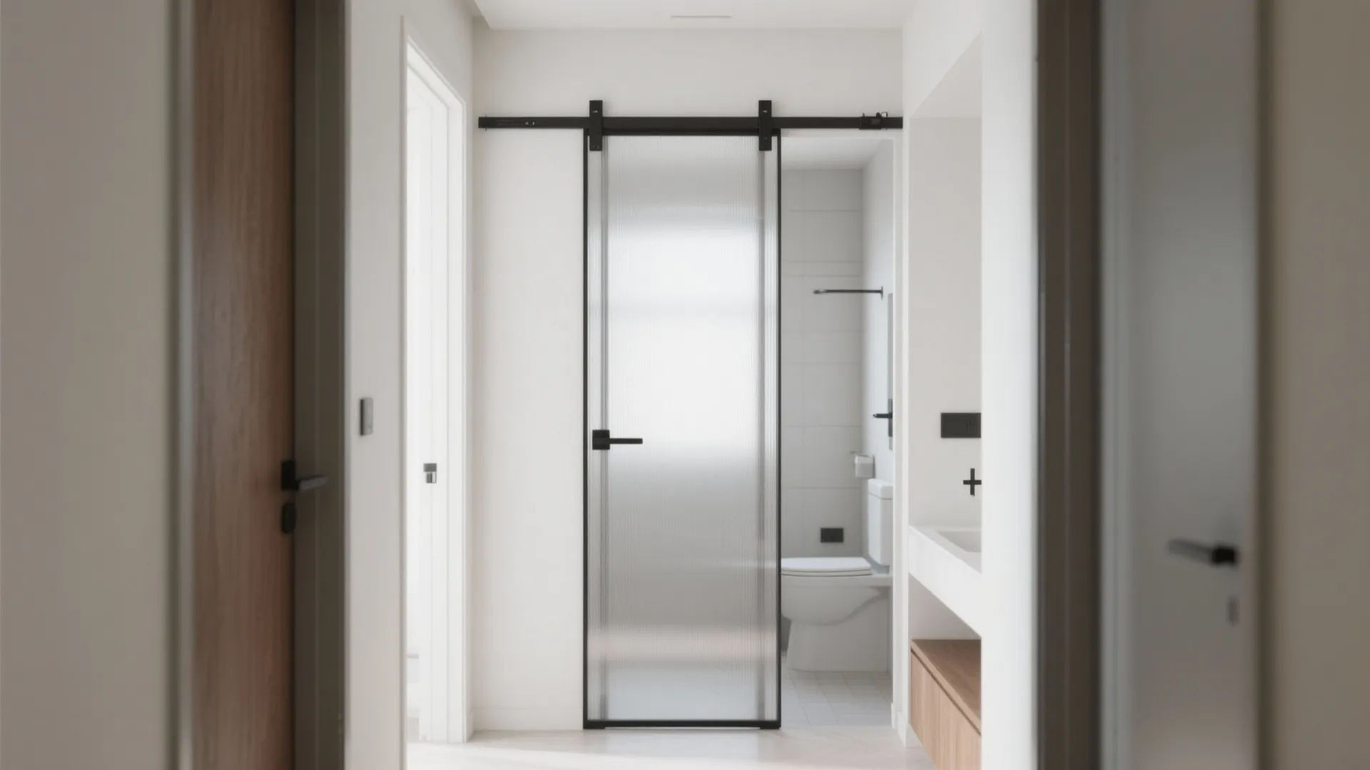 Bright bathroom interior featuring a black sliding glass door toilet sink and wooden storage cabinet unit