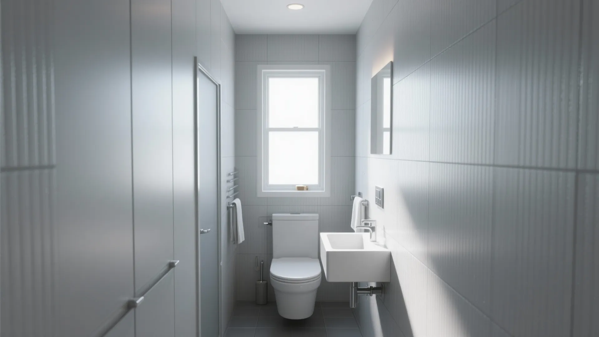 Modern small bathroom with grey wall panels white toilet sink window and bright natural light
