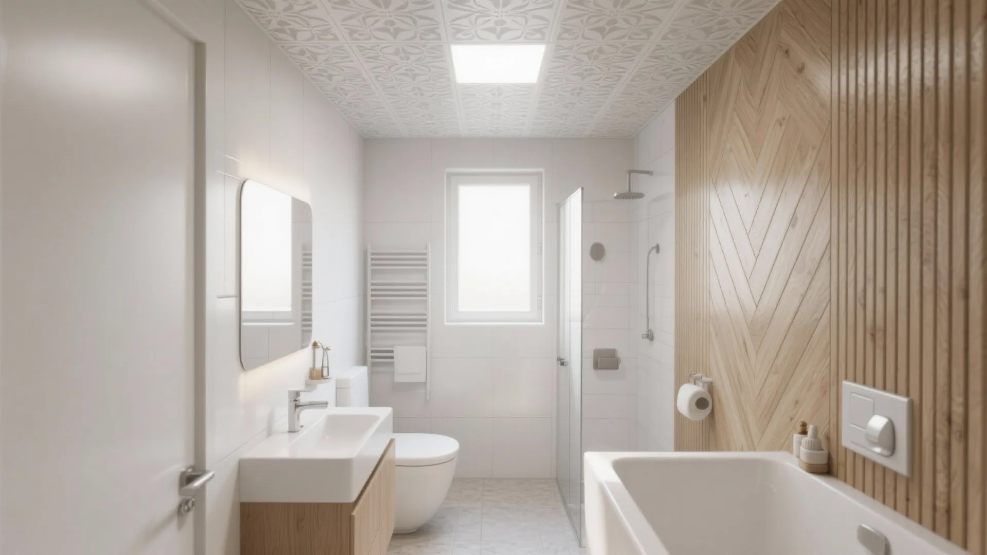 Modern white bathroom featuring patterned ceiling light fixture with wooden wall panel and white sink vanity