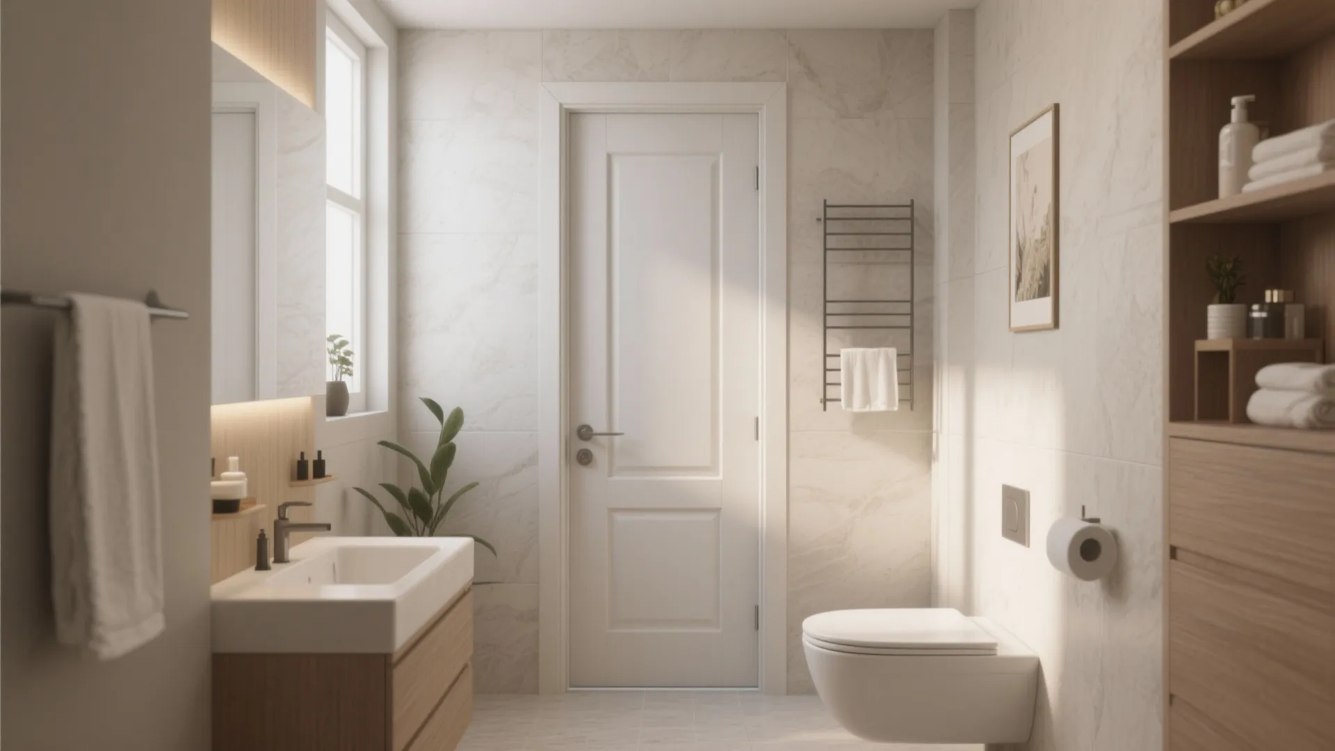 Bright bathroom interior featuring white door wooden cabinet sink toilet and light grey wall tiles