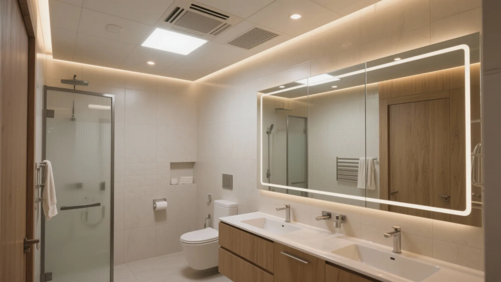 Modern bathroom with double sink wood cabinet glowing mirror glass shower door and white toilet