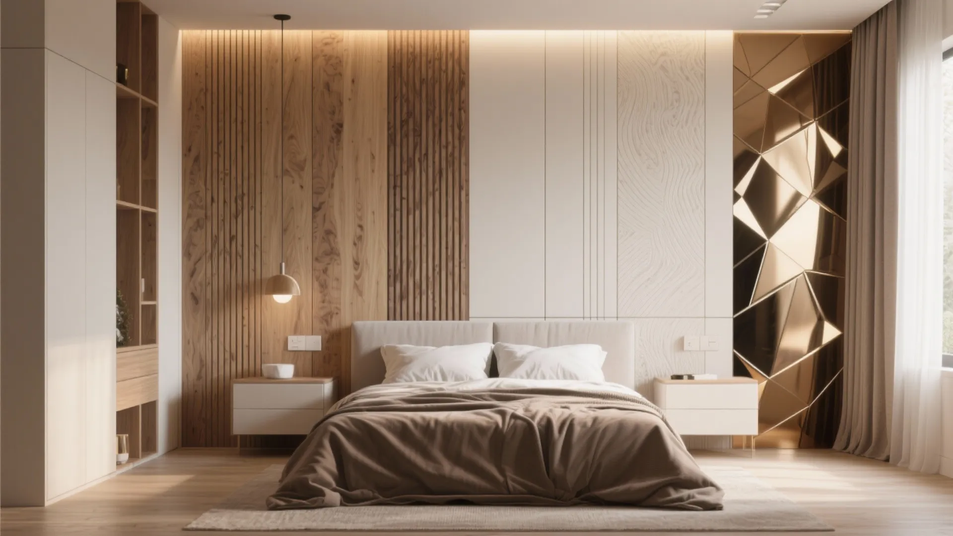 Contemporary bedroom with wood wall panel, gold mirror, white nightstands, brown bedding and soft sunlight