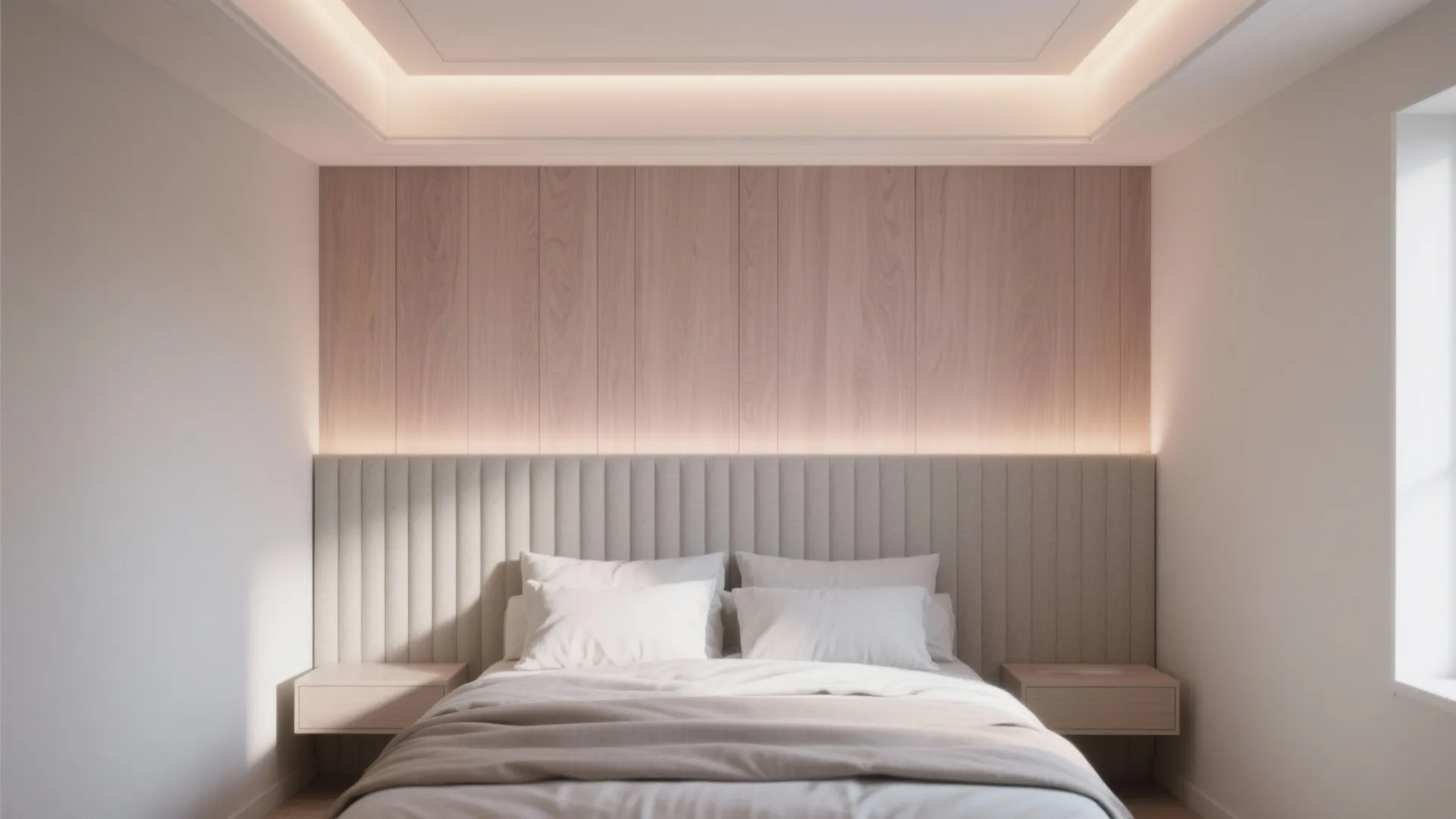 Minimalist bedroom with white bedding light wood wall panels and warm hidden ceiling light fixtures