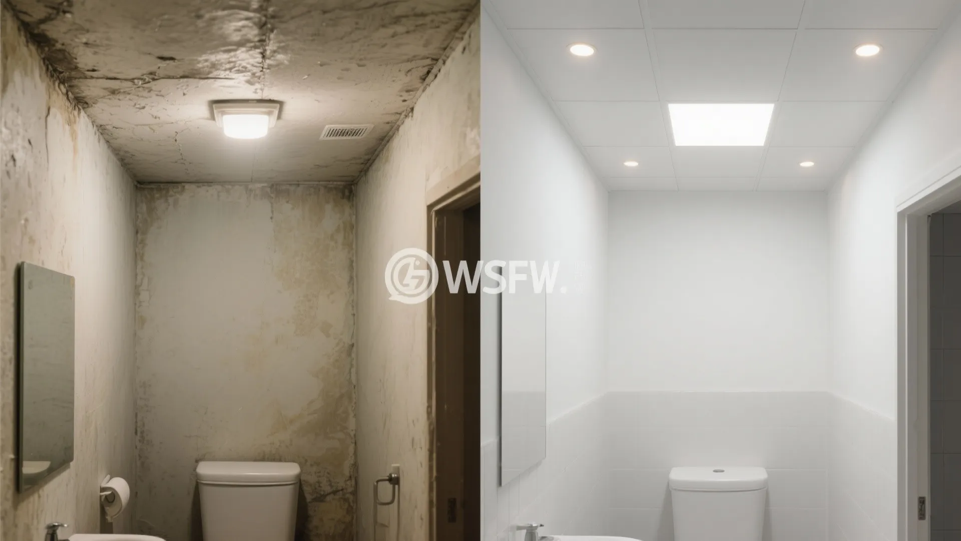 Before-and-after of a small bathroom showing upgraded PVC ceiling and lighting.