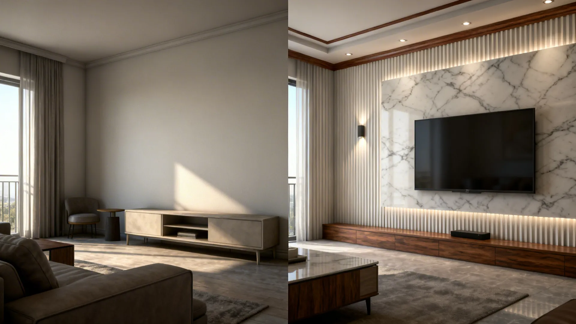 Before-and-after of a small living room upgraded with PVC accent treatments.