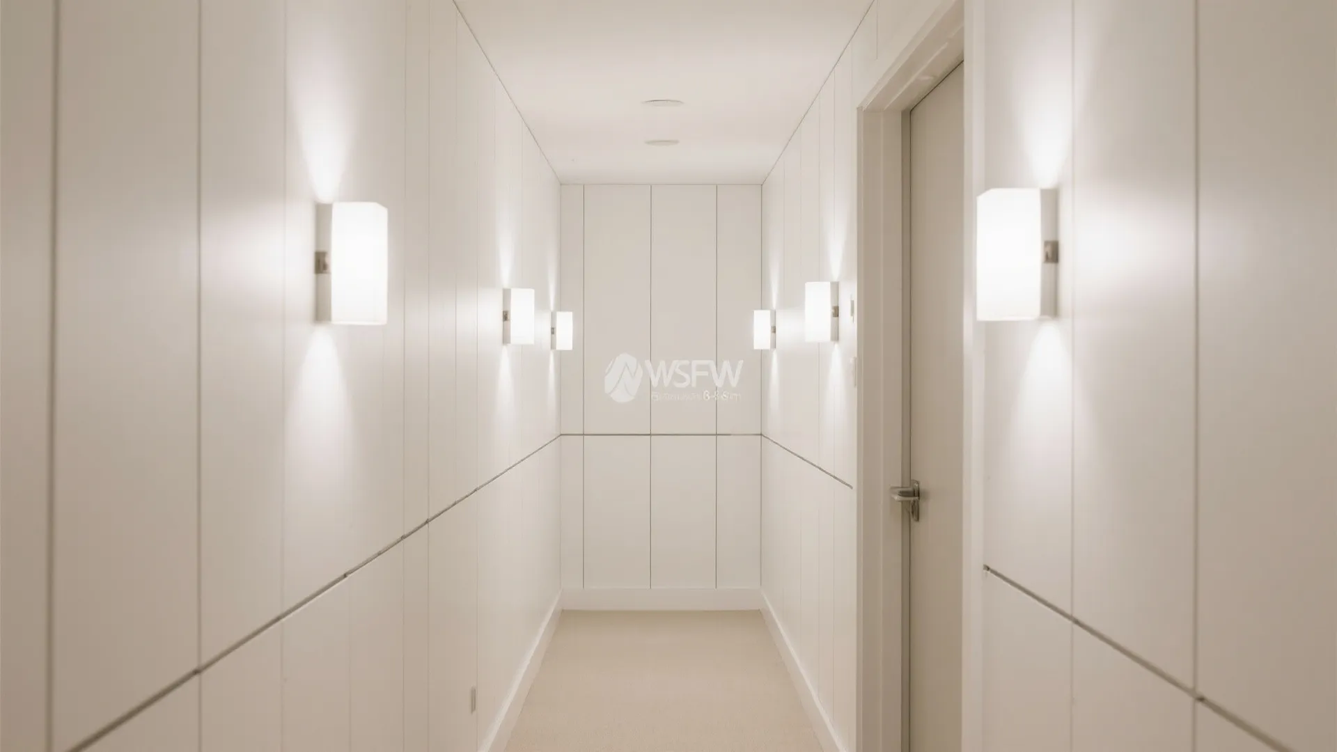 Bright white narrow hallway featuring modern white wall panels with several square glowing wall lights