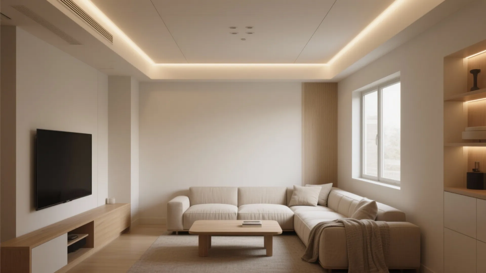 Minimalist living room with beige sofa wood coffee table television wall and warm hidden lighting