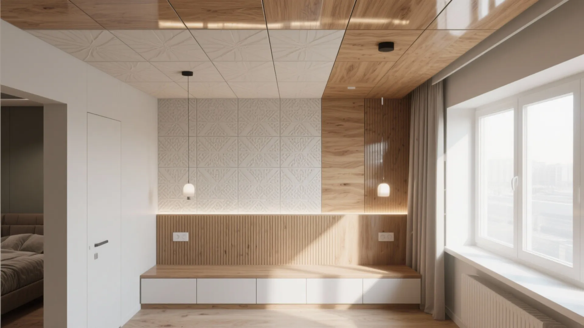 Modern interior design drawing with wooden ceiling light fixture wall panel bench and large bright windows