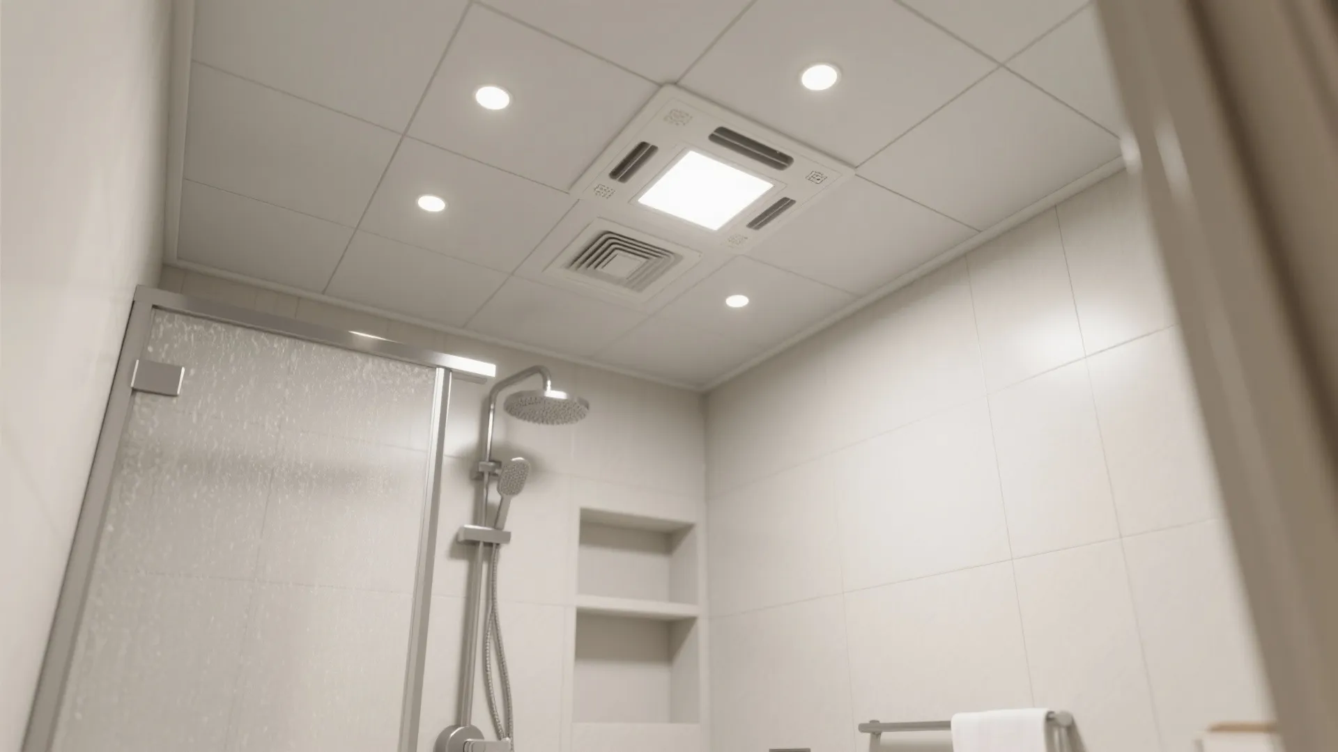 Bathroom ceiling view with square light fixture several small spotlights white tiles and a shower head