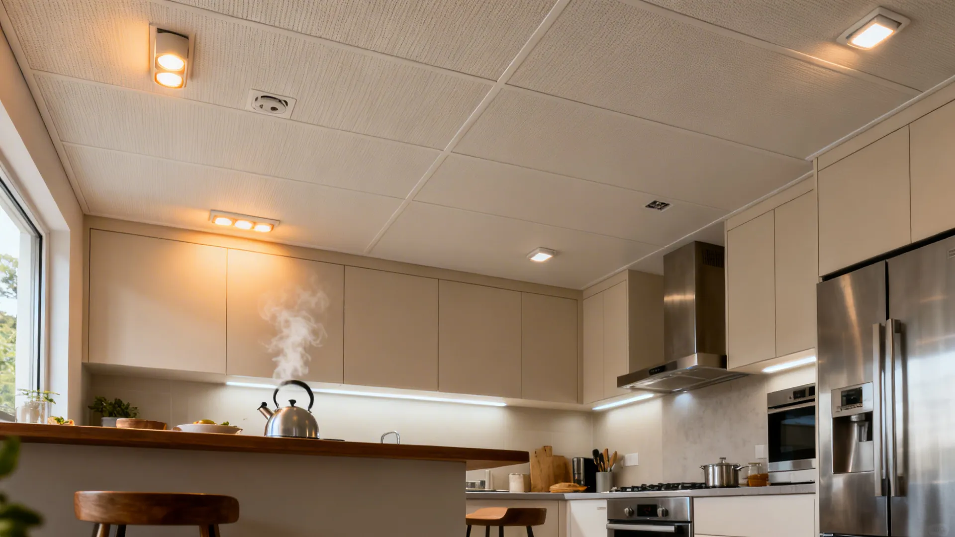 Small kitchen with matte PVC ceiling panels and clip-in LED spotlights.