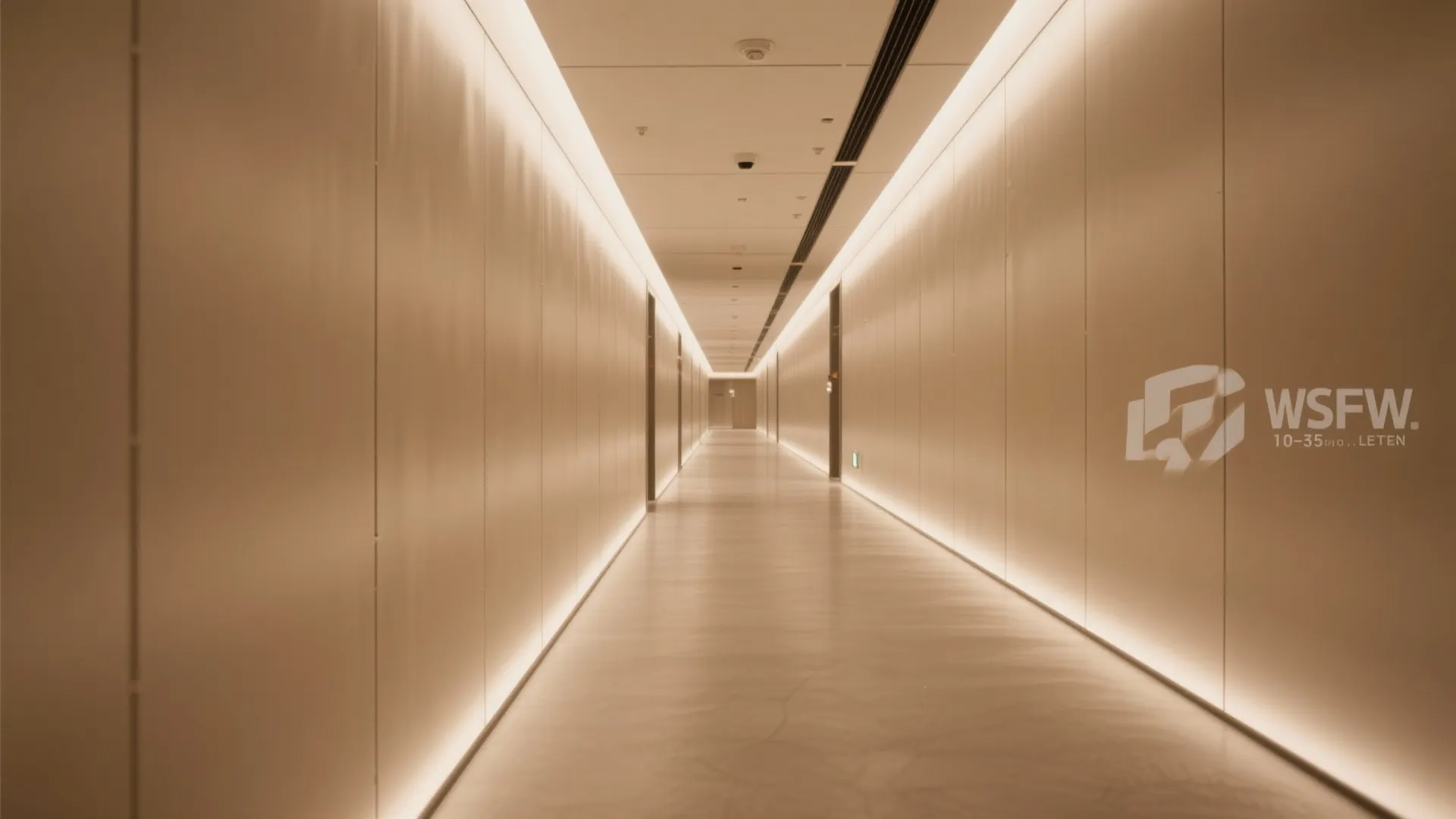 Long modern hallway with white wall panels and bright warm light strips along the ceiling