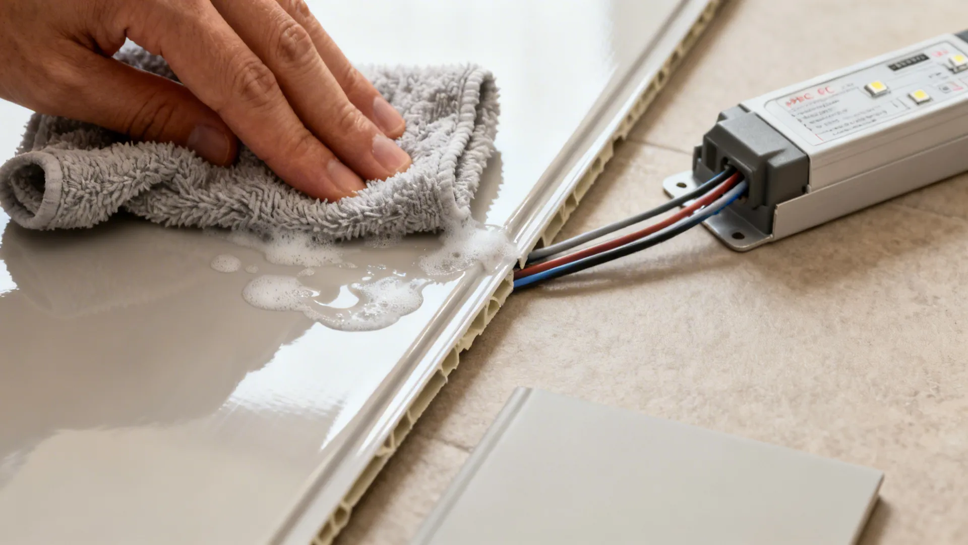 Close-up of microfiber cleaning a PVC ceiling panel and a tidy LED driver for maintenance.