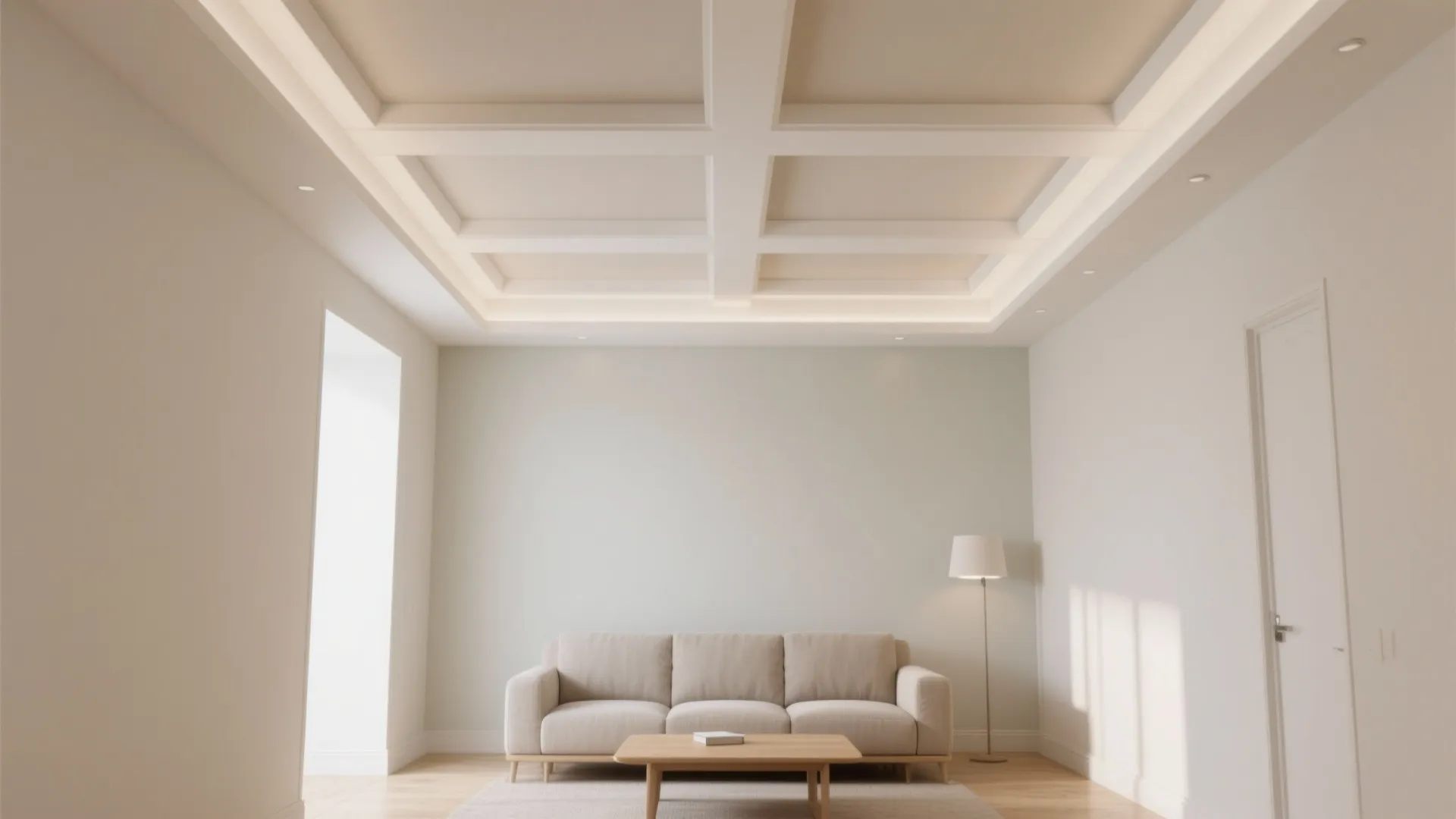 Minimalist living room with beige sofa wooden coffee table white walls floor lamp and ceiling