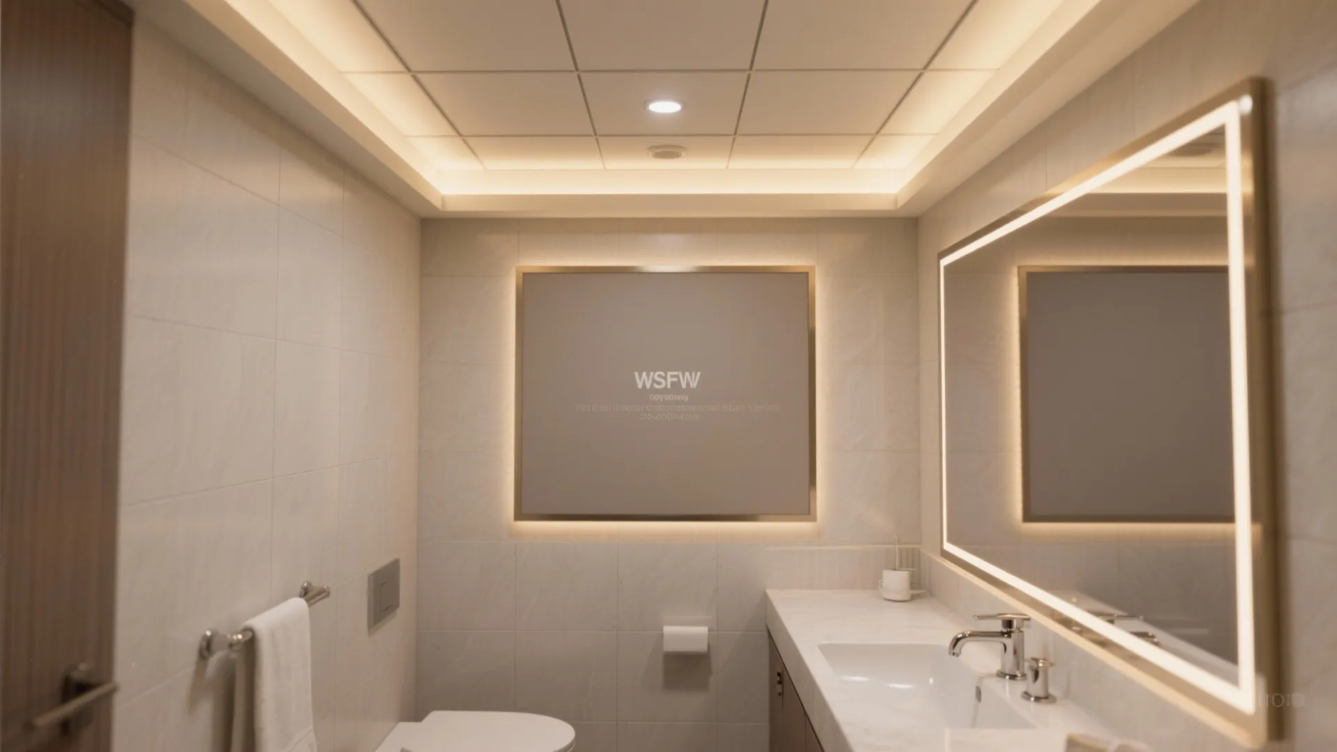 Bathroom interior design with warm ceiling light glowing wall mirror and white marble sink counter