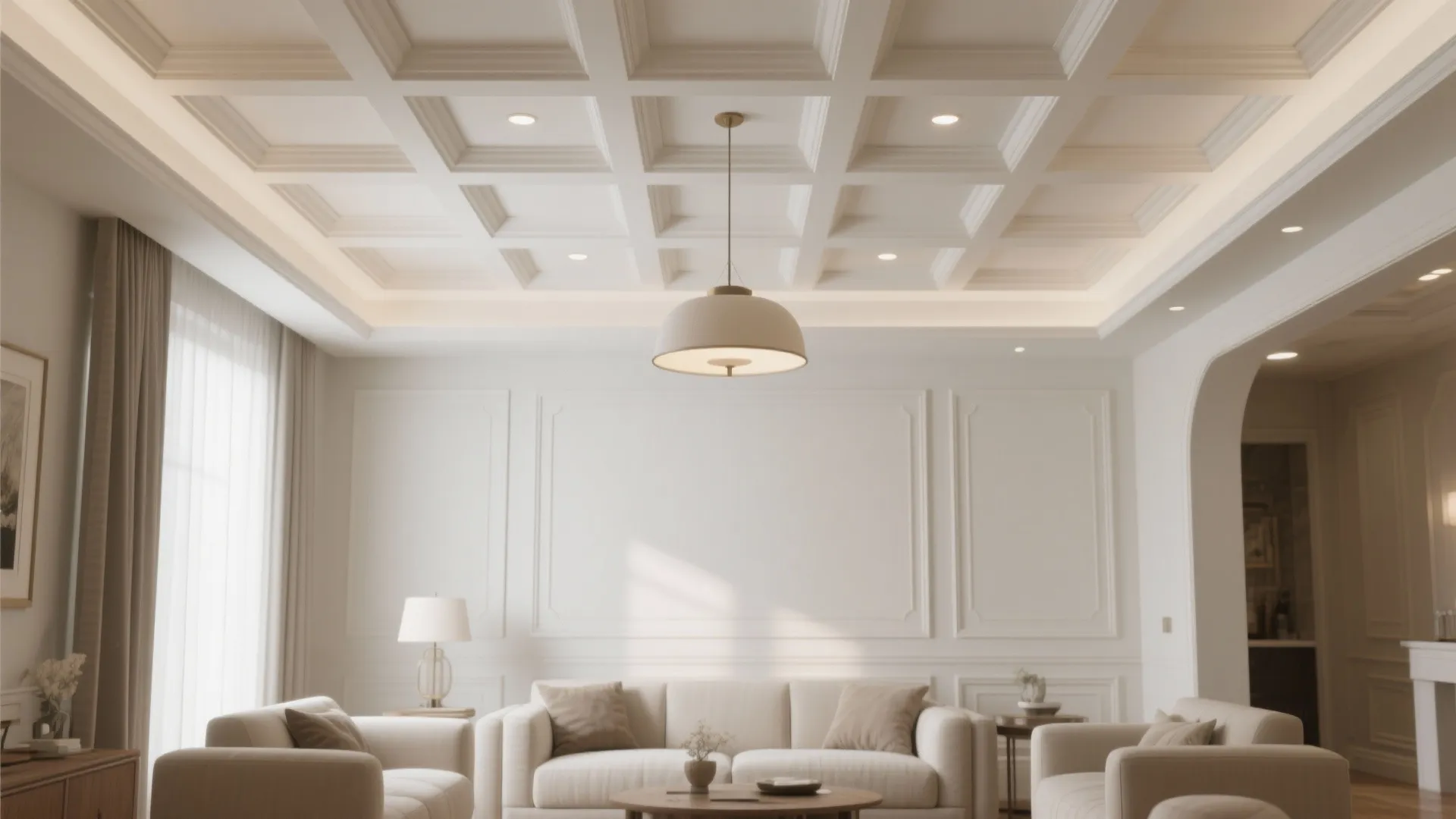 Elegant white living room with coffered ceiling design featuring a central light and wall panel