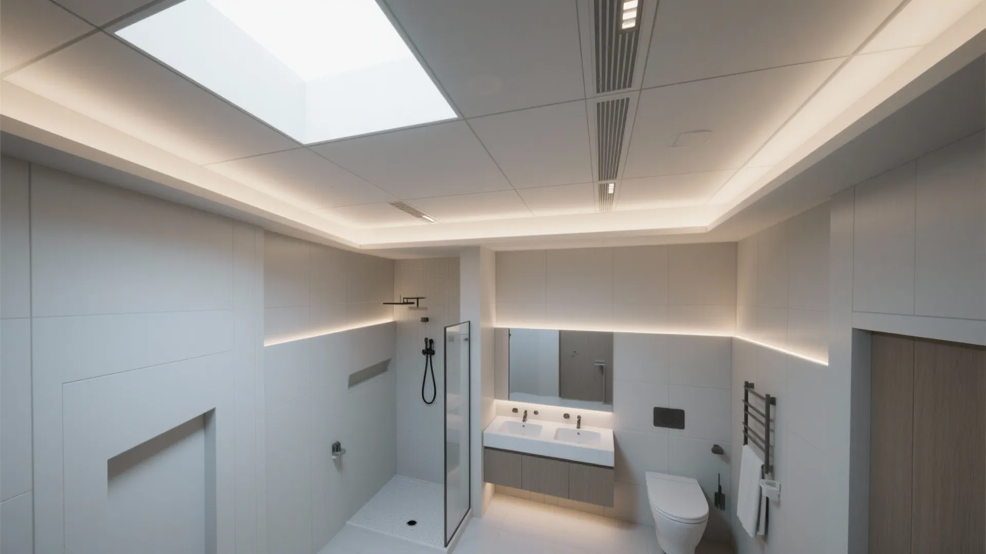 Modern bathroom interior design drawing with roof window shower area double sinks and toilet seat