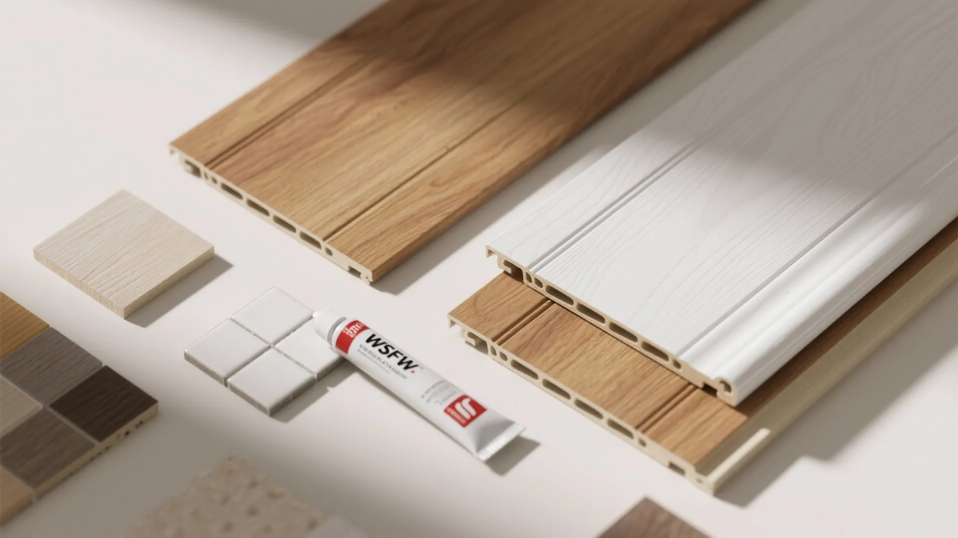 Assorted wood and white wall panel material samples with adhesive tube on a white surface