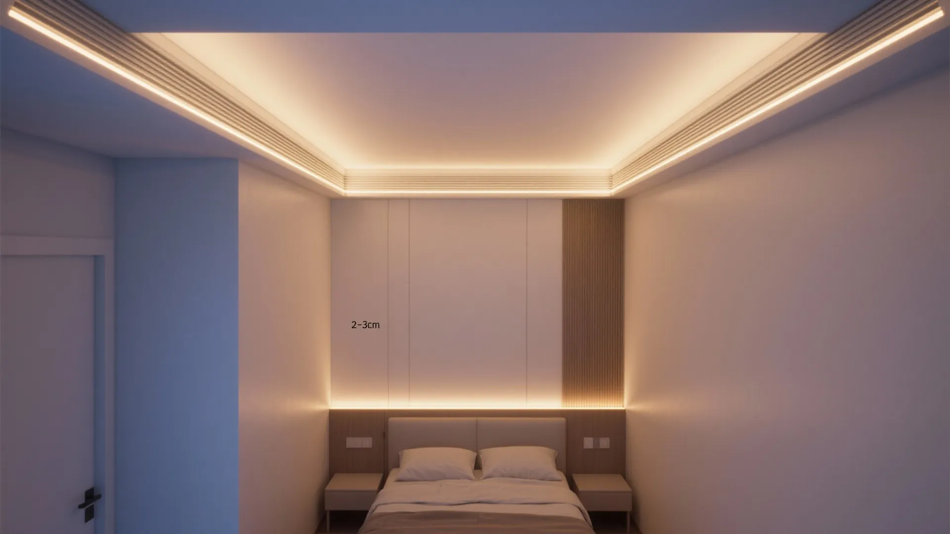 Modern bedroom interior design featuring hidden ceiling light warm wall light and minimalist white bed