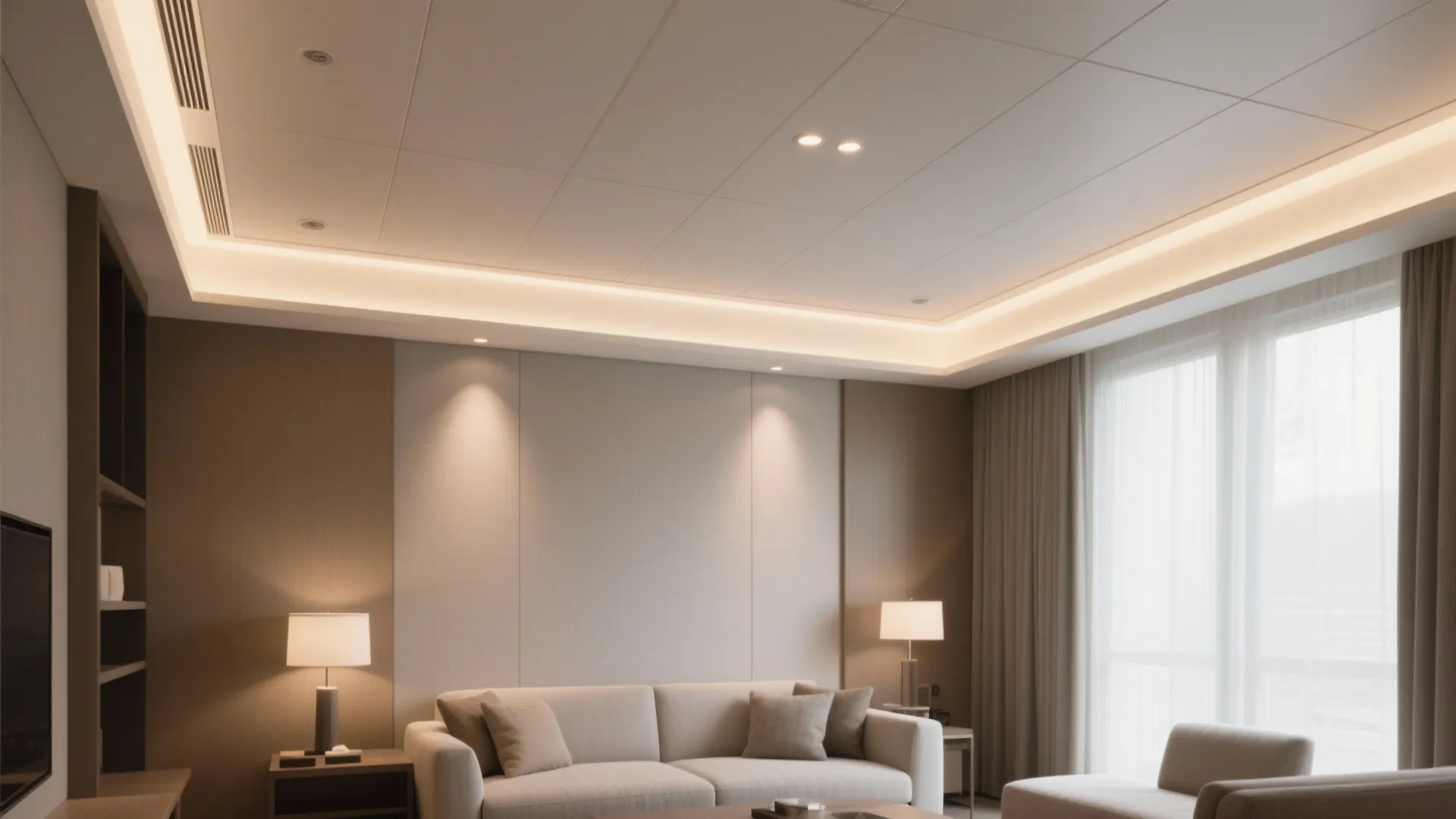 Living room with a shallow PVC drop ceiling and warm cove lighting, creating a calm boutique-hotel glow.