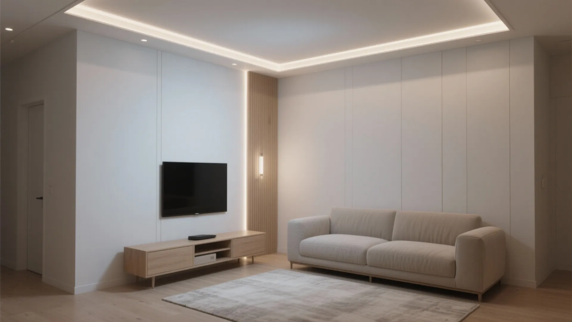 Minimalist living room with white wall panel design and warm light strips around the ceiling