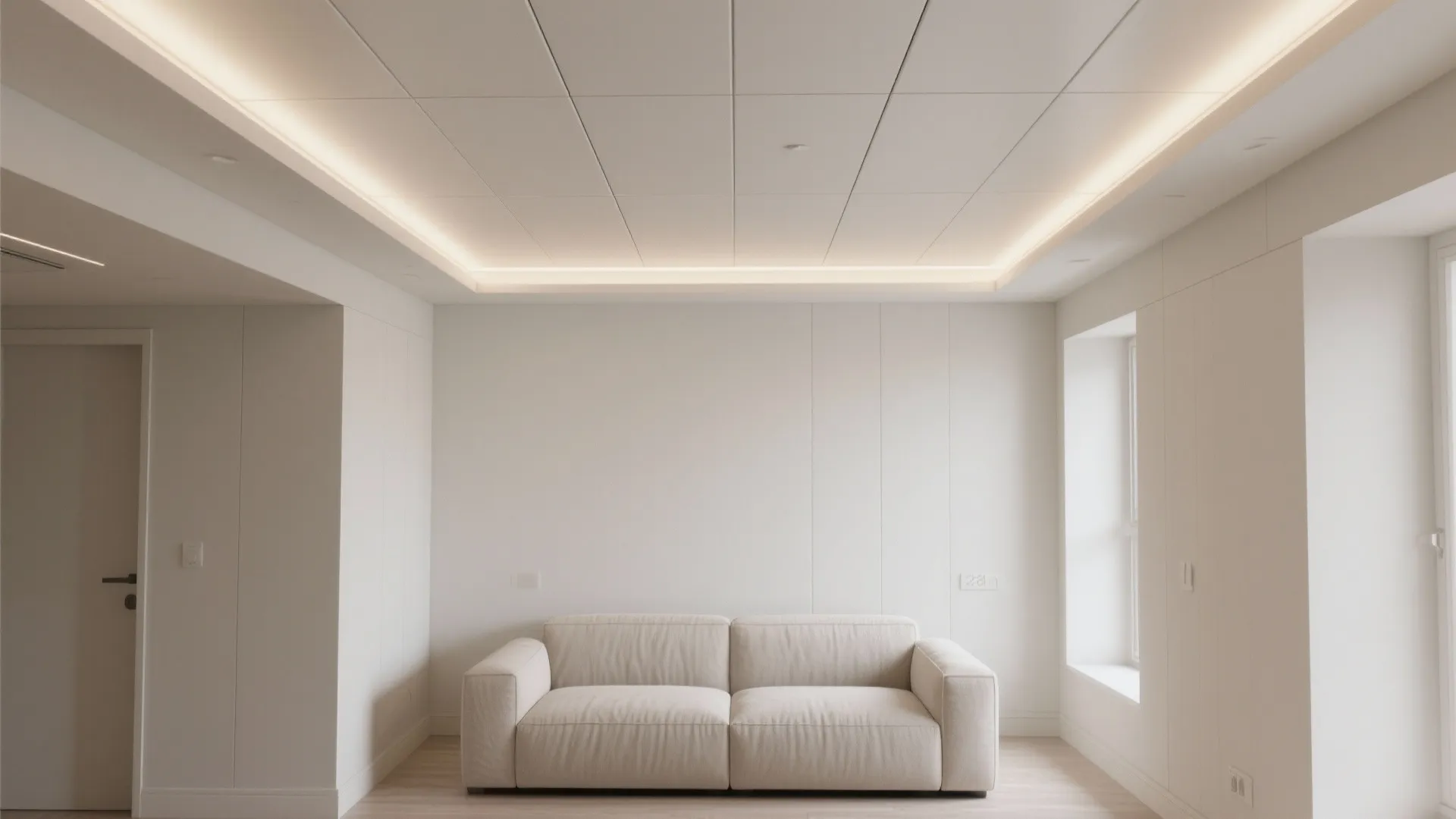Minimalist white room showing a cream sofa against a plain wall with warm ceiling light