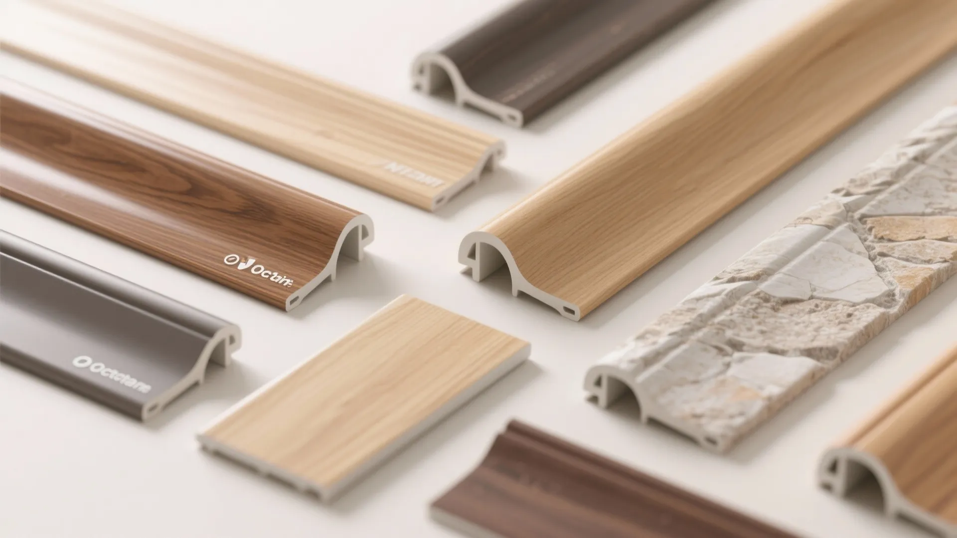 PVC coving samples with wood and stone finishes