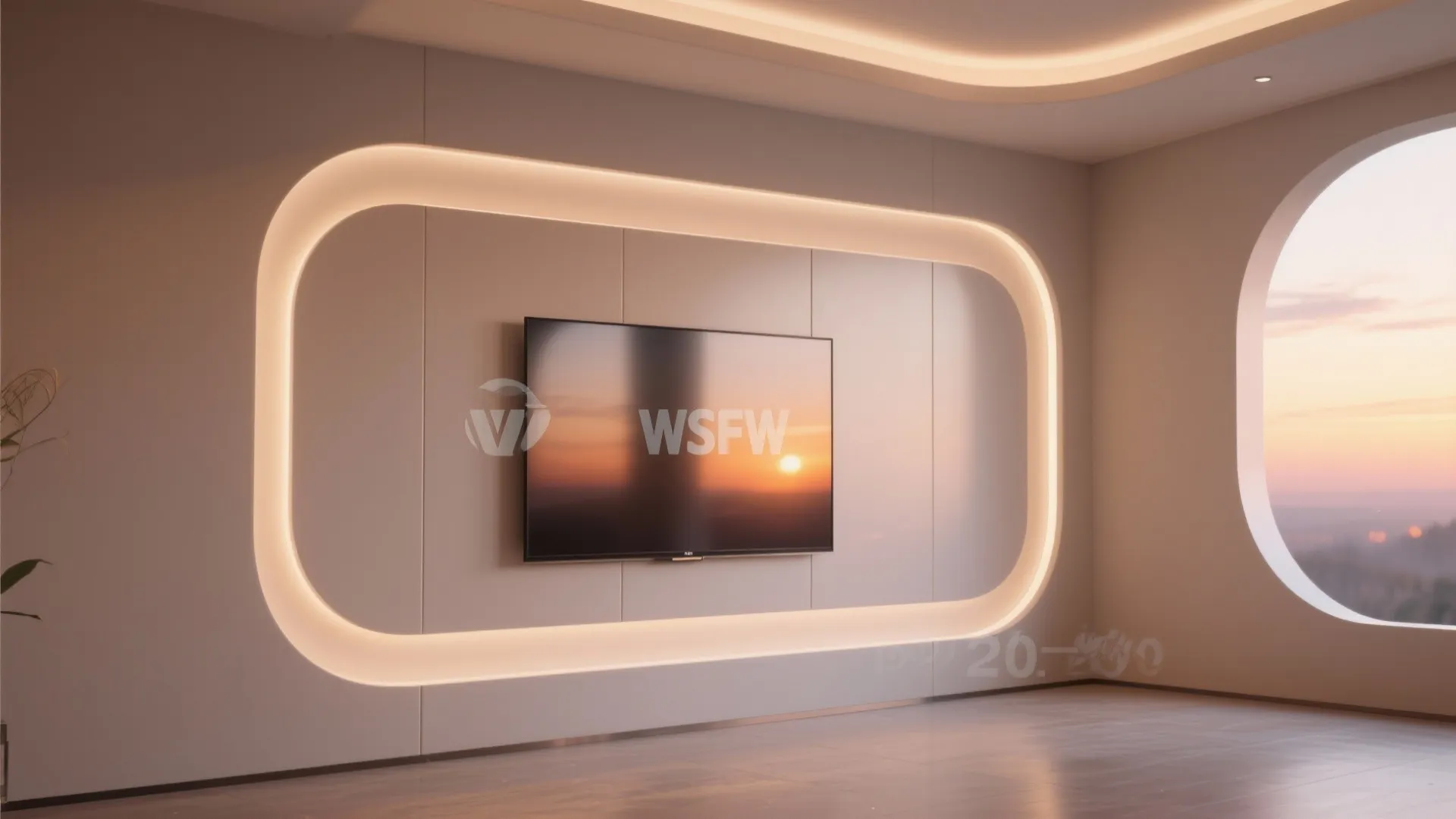 Minimalist living room featuring a recessed television wall with curved edges and soft hidden lighting