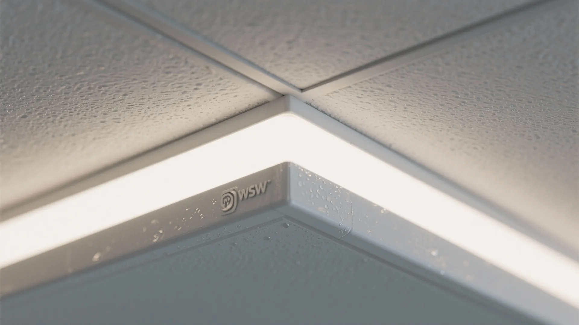 Close up view of bright white light fixture installed on a textured grey ceiling panel