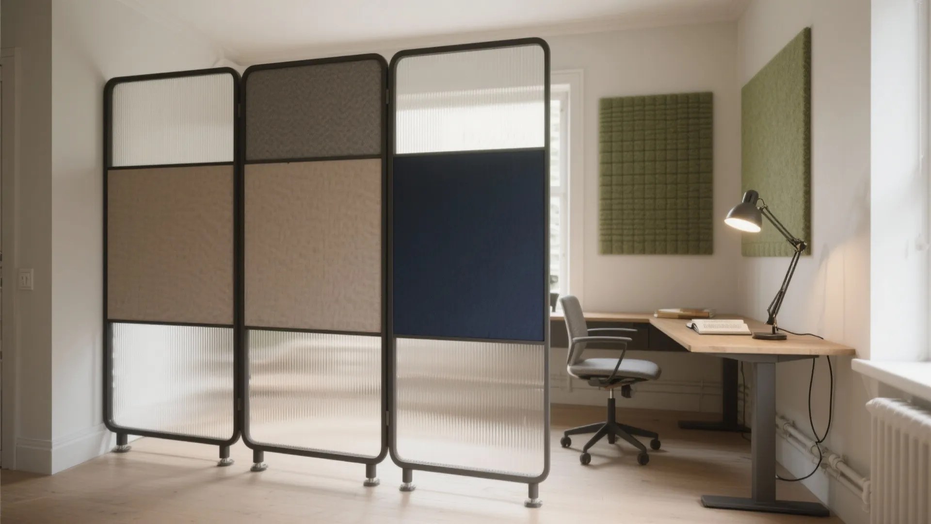 Modern office room with room divider screen wooden desk desk lamp chair and green wall panel