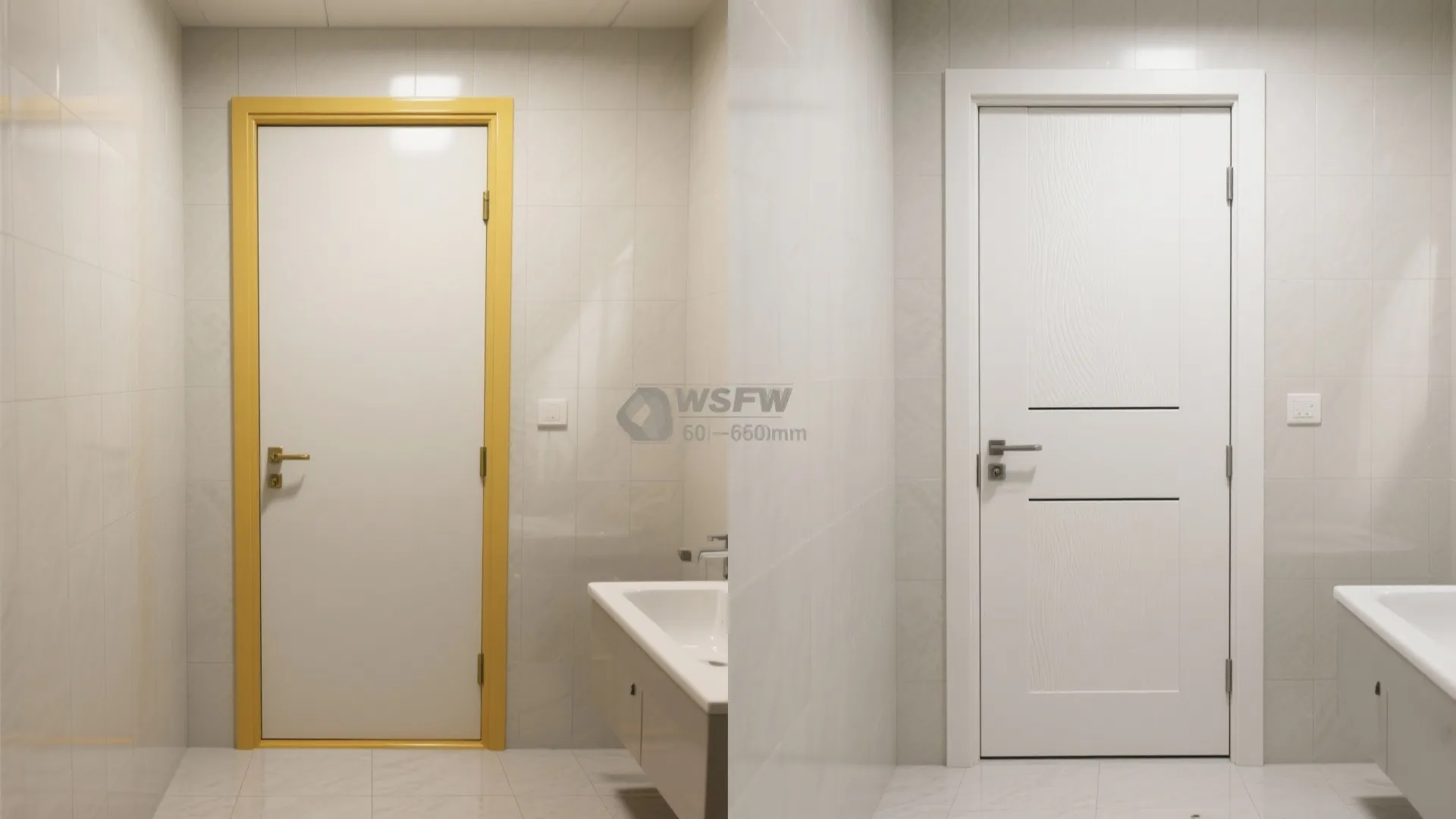 Before-and-after comparison of bulky gloss PVC versus slim matte textured PVC bathroom door.